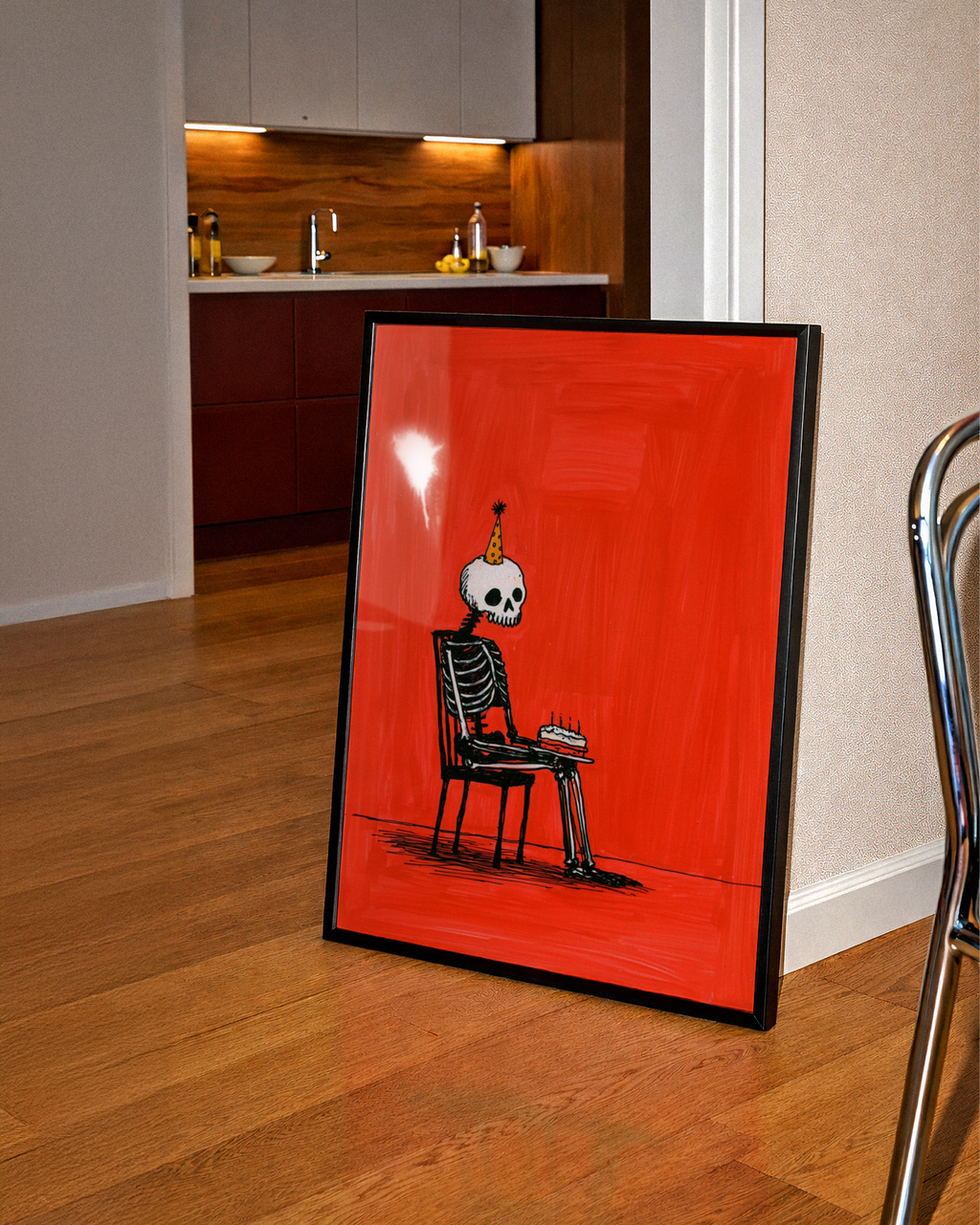Birthday Skeleton Poster, Party Hat Cake Wall Art, Bold Red Illustration Print