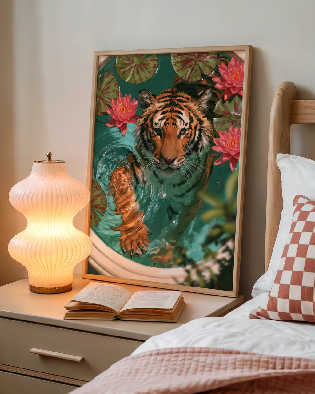 Tiger in Bath with Lotus Flowers Poster, Wildlife Art Print, Botanical