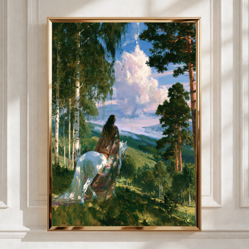 Pre-Raphaelite Woman on White Horse Forest Poster, Romantic Painting Print