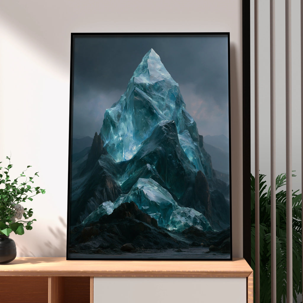 Crystal Mountain Poster, Glass Peak Fantasy Art, Teal Blue Wall Art Print