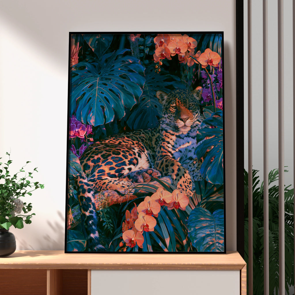 Jaguar Orange Orchids Tropical Jungle Poster, Wild Cat Art Print