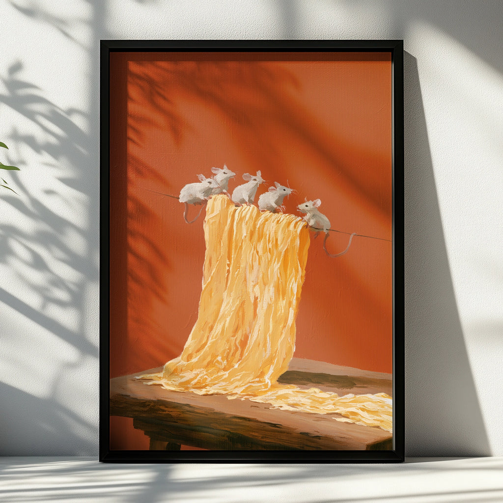 Mice on Pasta Poster, Whimsical Kitchen Wall Art, Oil Painting Style Print