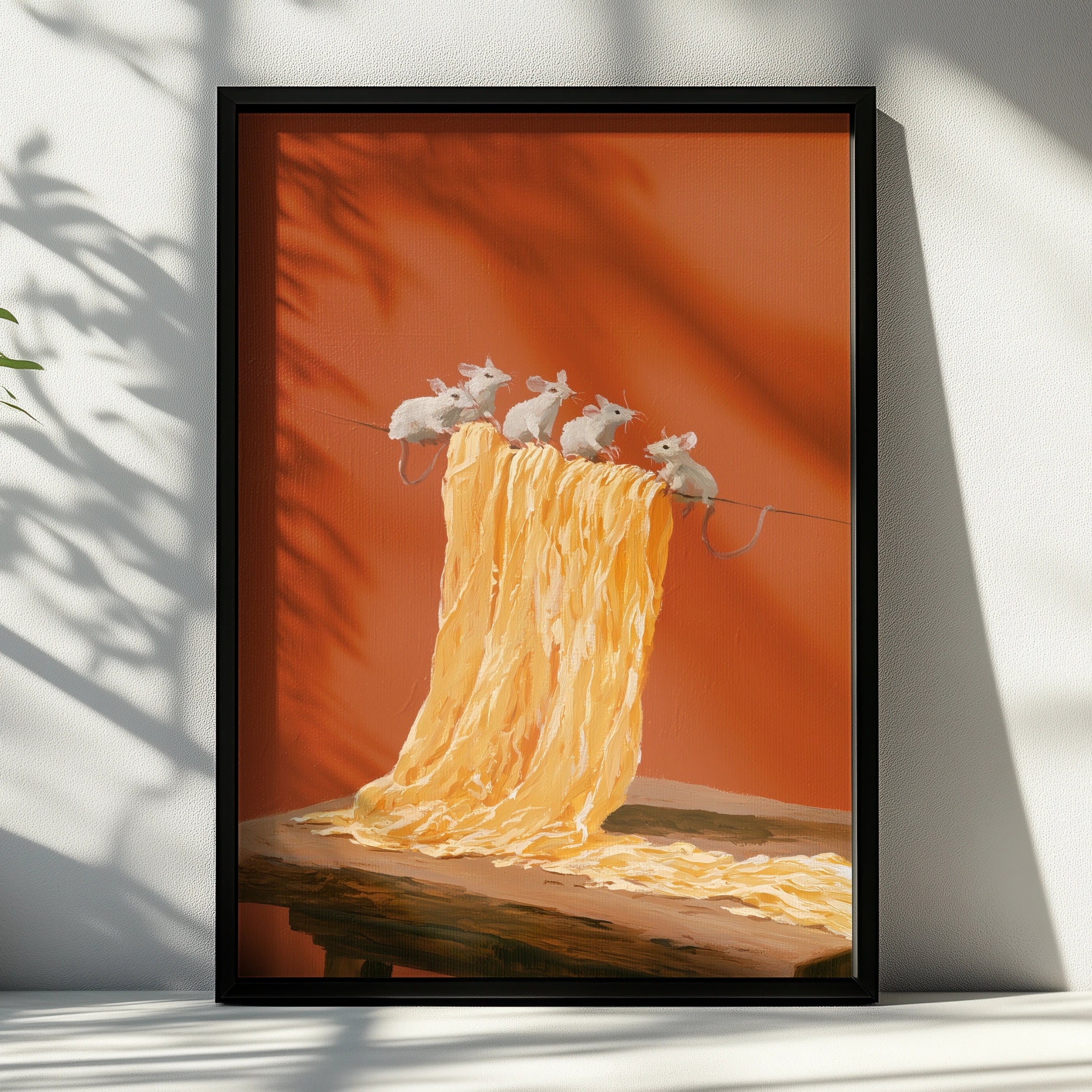 Mice on Pasta Poster, Whimsical Kitchen Wall Art, Oil Painting Style Print