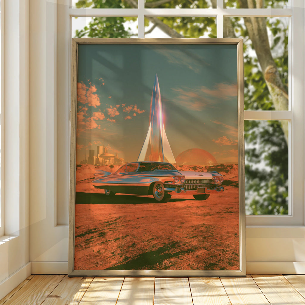 Retro Futuristic Car Planet Rocket Poster, Classic Cadillac Space Art Print