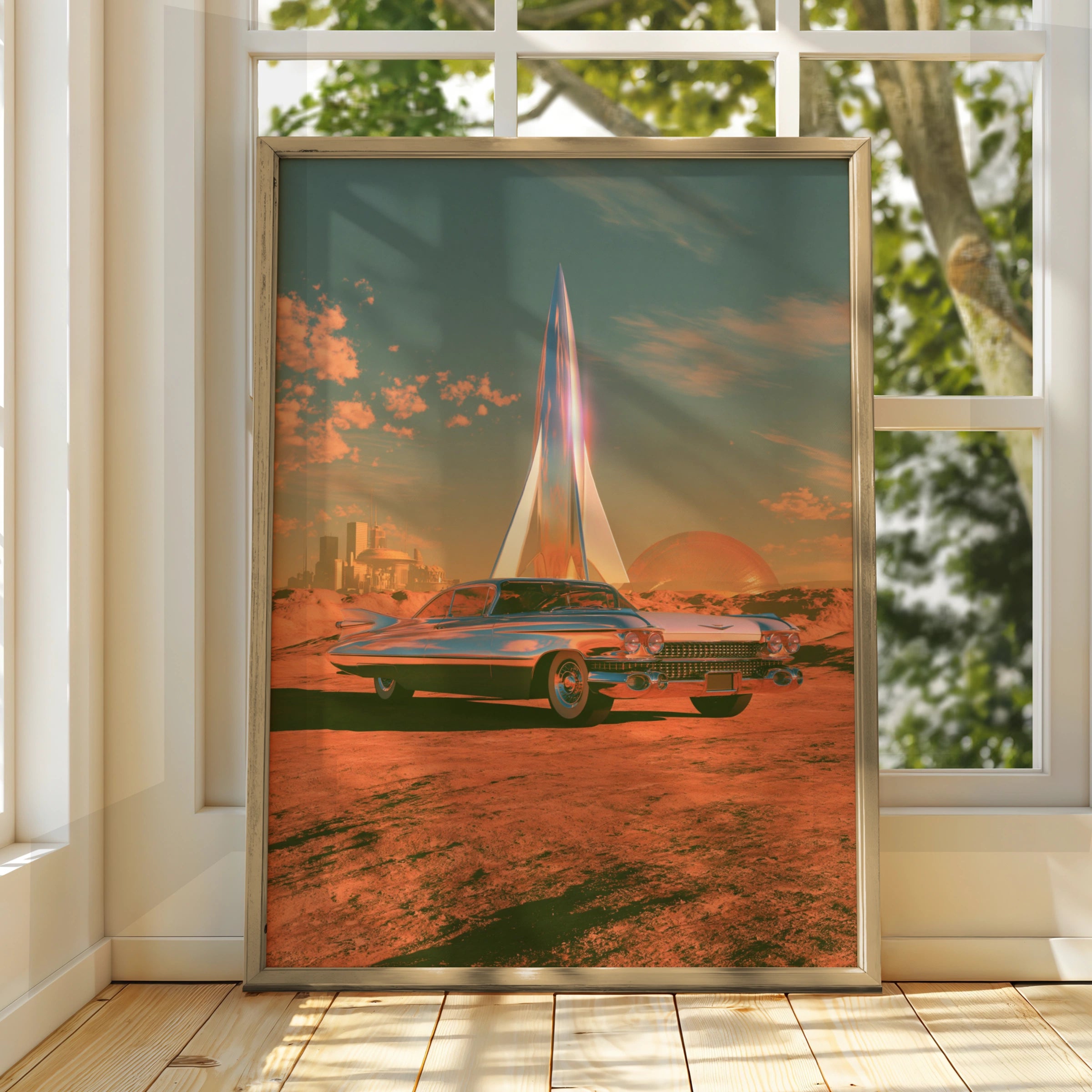 Retro Futuristic Car Planet Rocket Poster, Classic Cadillac Space Art Print