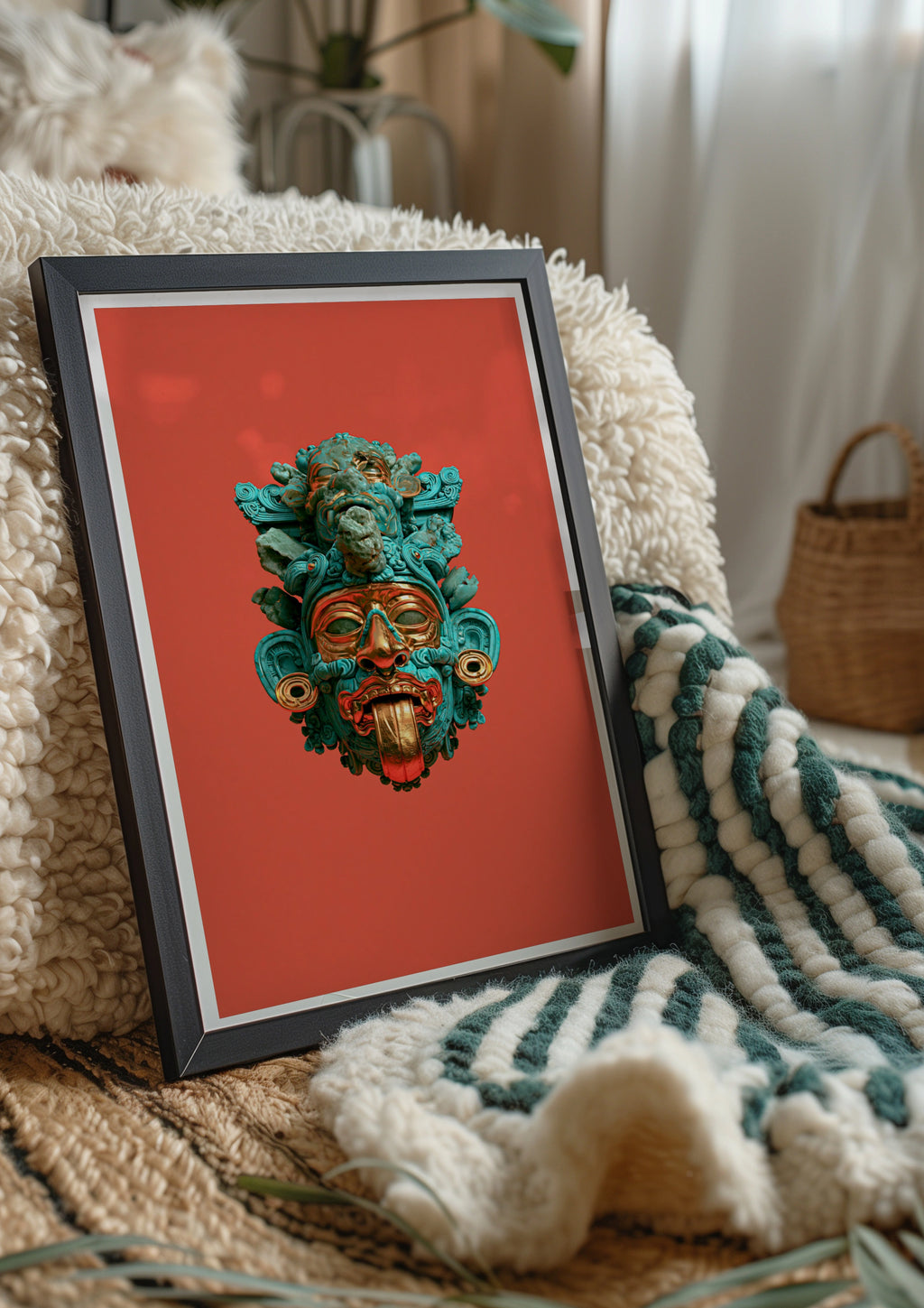 Aztec Mask Poster, Turquoise Red Gold Deity Art, Mesoamerican Wall Print