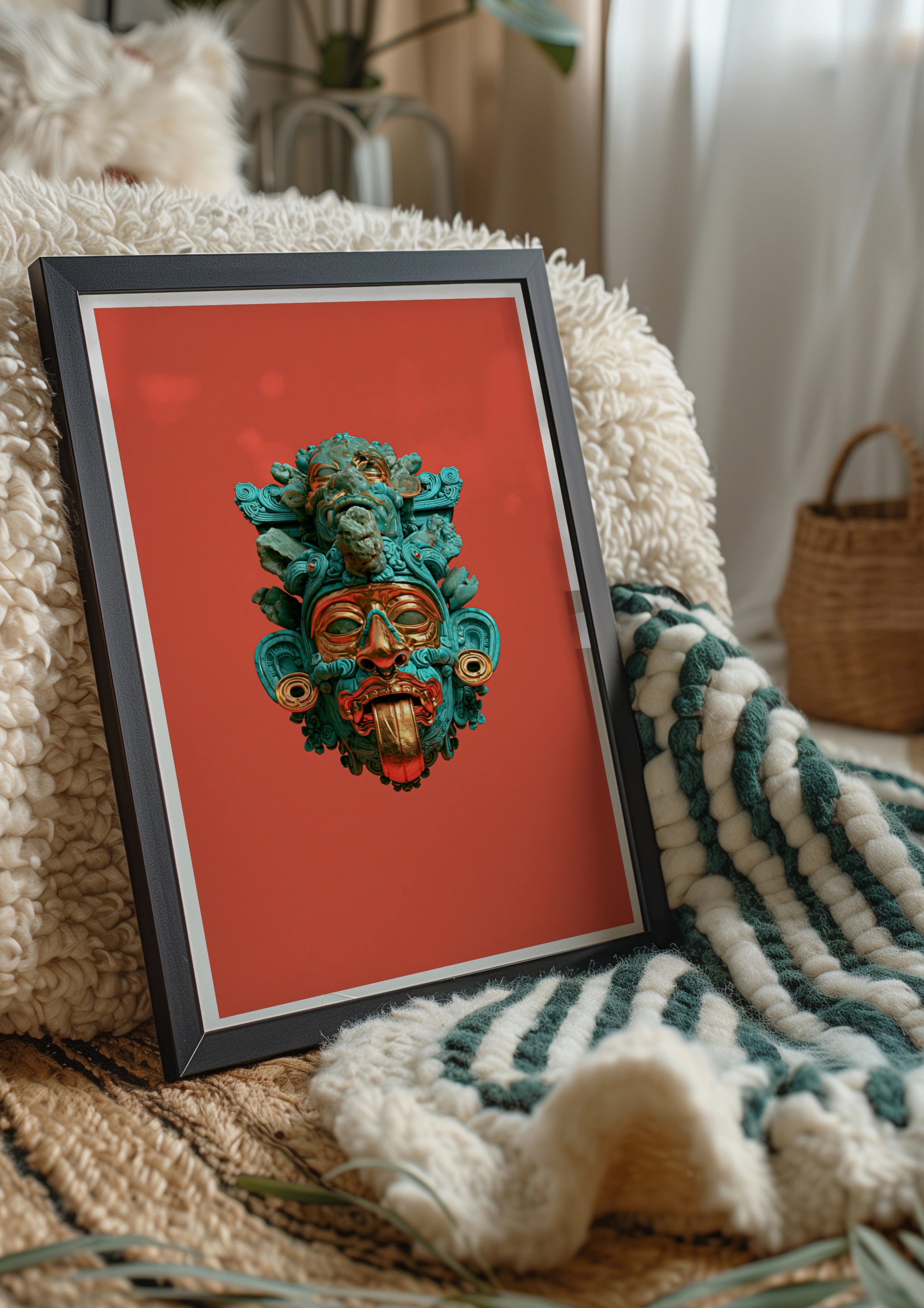 Aztec Mask Poster, Turquoise Red Gold Deity Art, Mesoamerican Wall Print