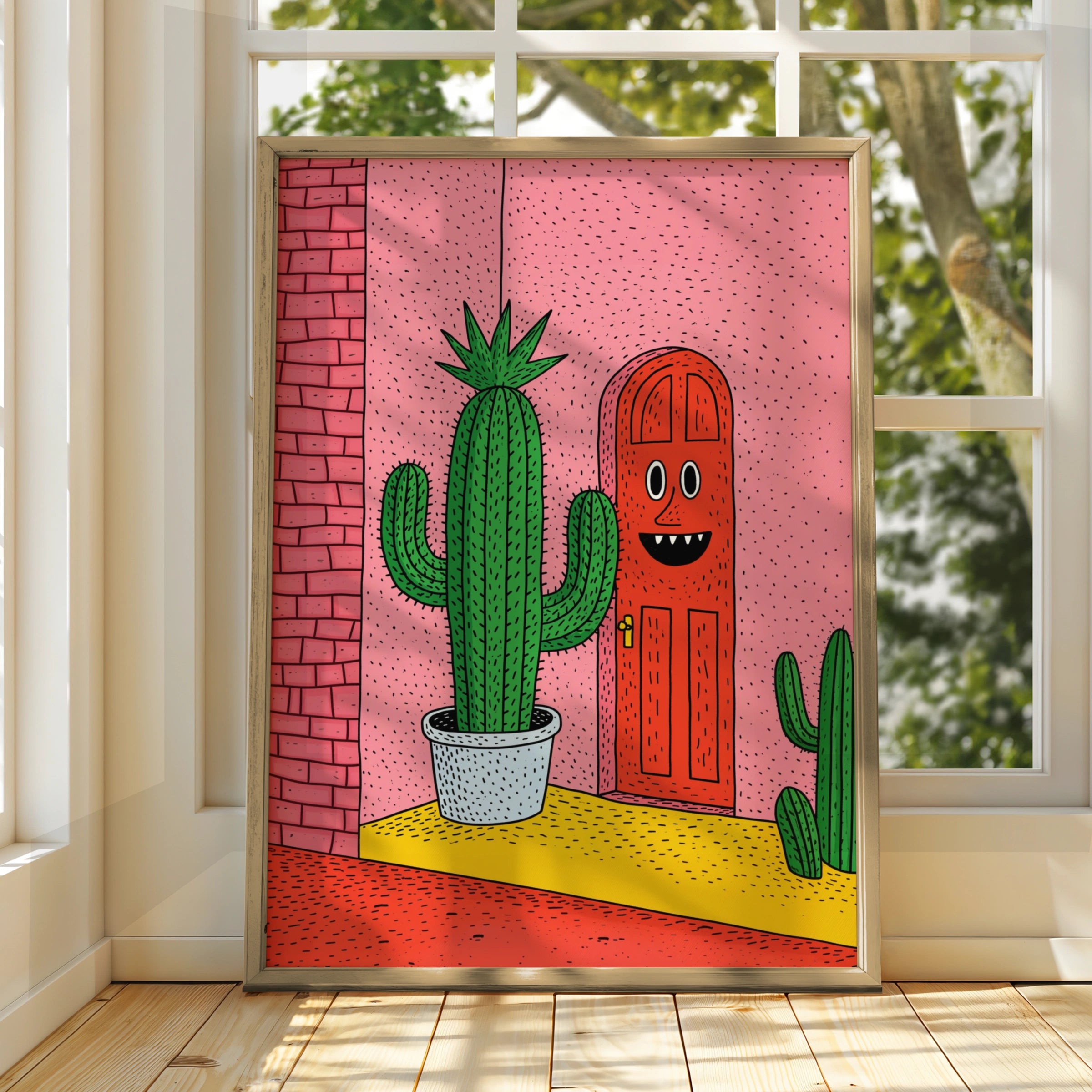 Cactus Door Art Print, Quirky Illustrated Poster, Bold Colourful Wall Art
