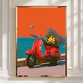 Red Vespa Lavender Lemons Sea Wall Art Poster, Italian Scooter Print
