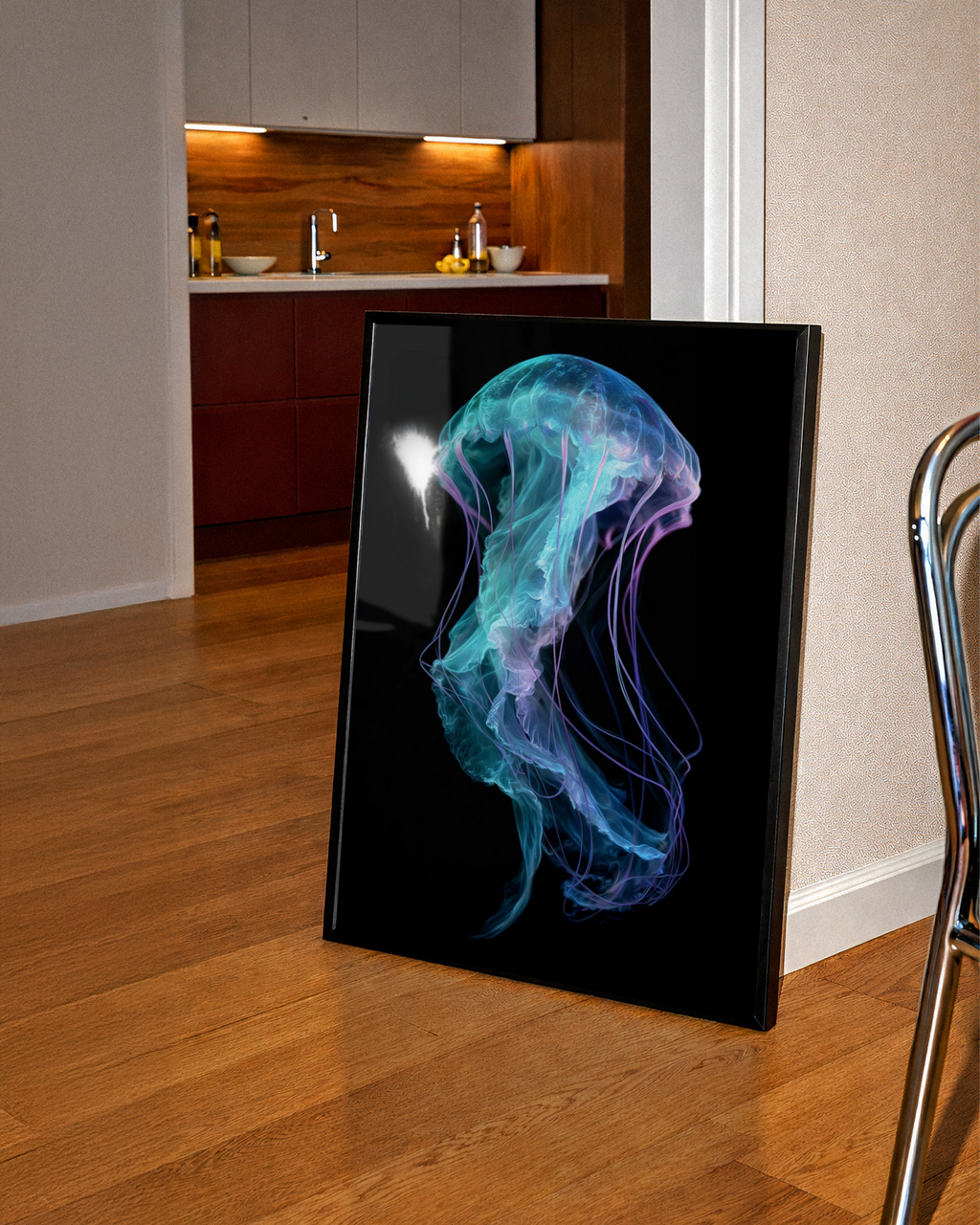 Jellyfish Wall Art Poster, Teal Purple Neon Ocean Print, Dark Minimalist Style