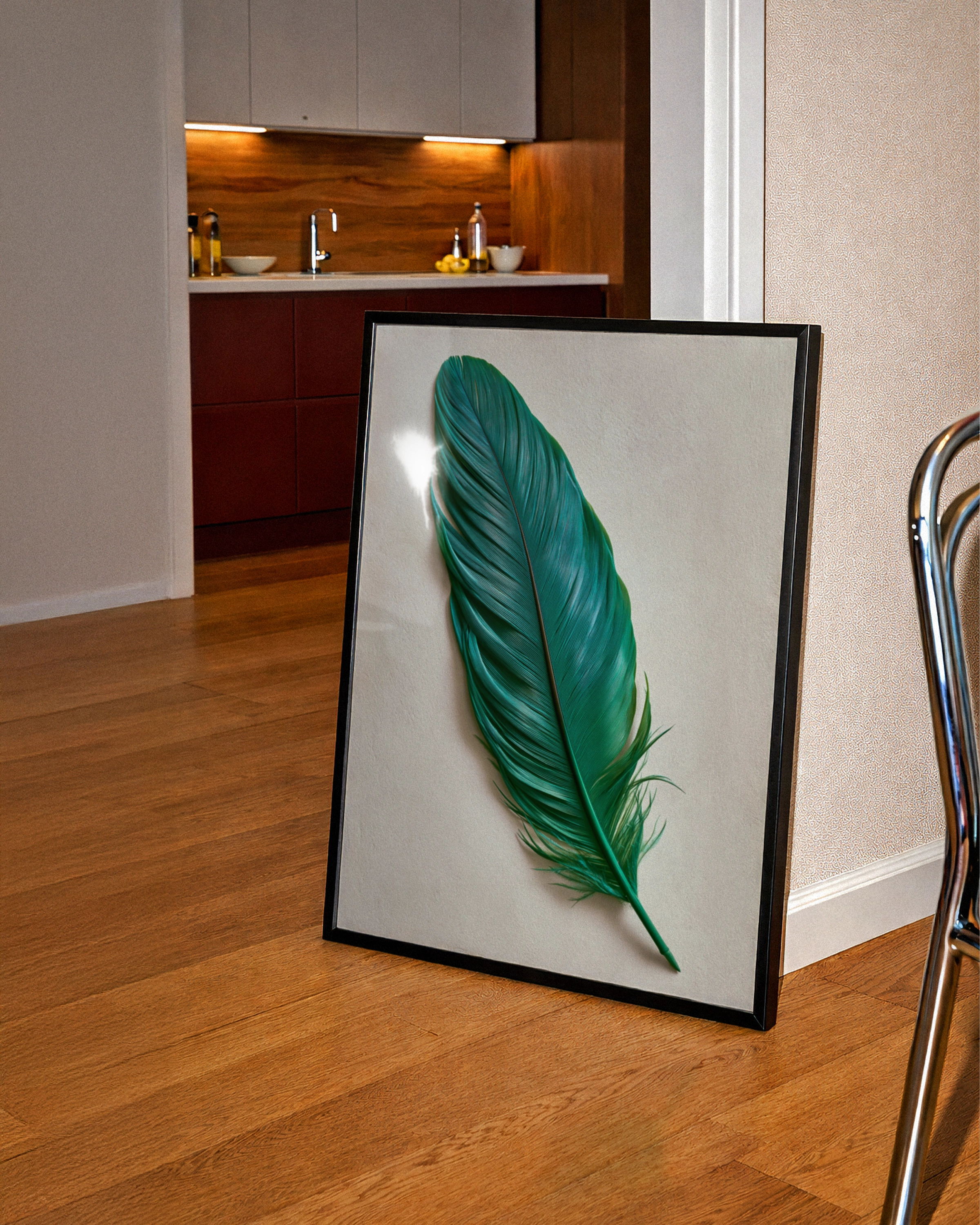 Green Feather Wall Art Poster, Teal Nature Print, Minimalist Botanical