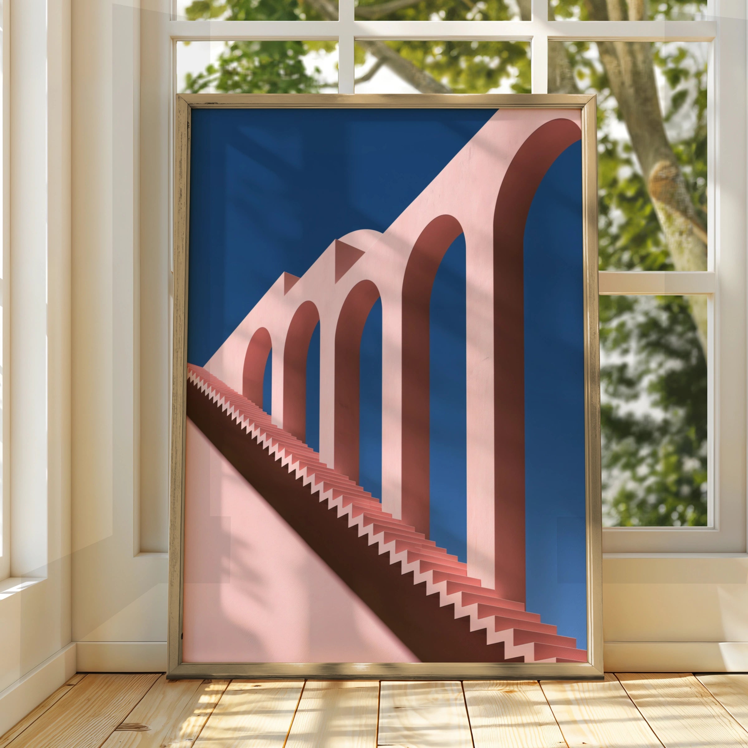Pink Viaduct Stairs Architecture Poster, Minimalist Arches Wall Art Print