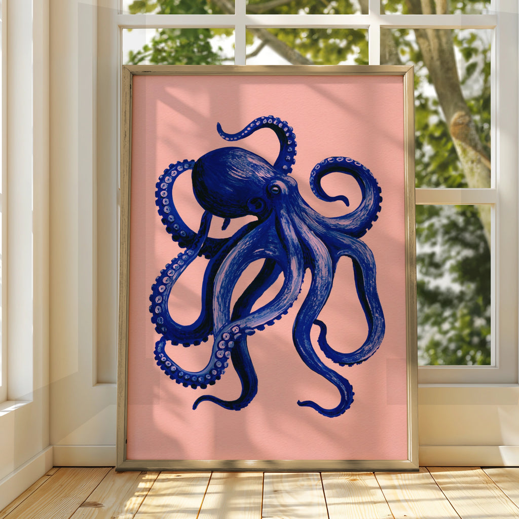 Blue Octopus Poster, Navy & Pink Wall Art, Bold Sea Creature Print