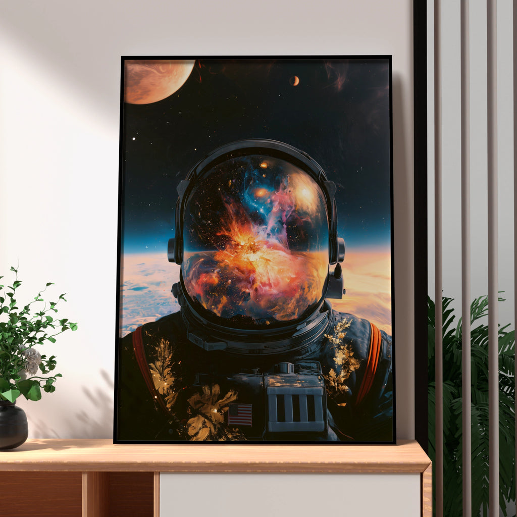 Astronaut Abstract Space Poster, Nebula Galaxy Helmet Reflection, Modern Wall Art