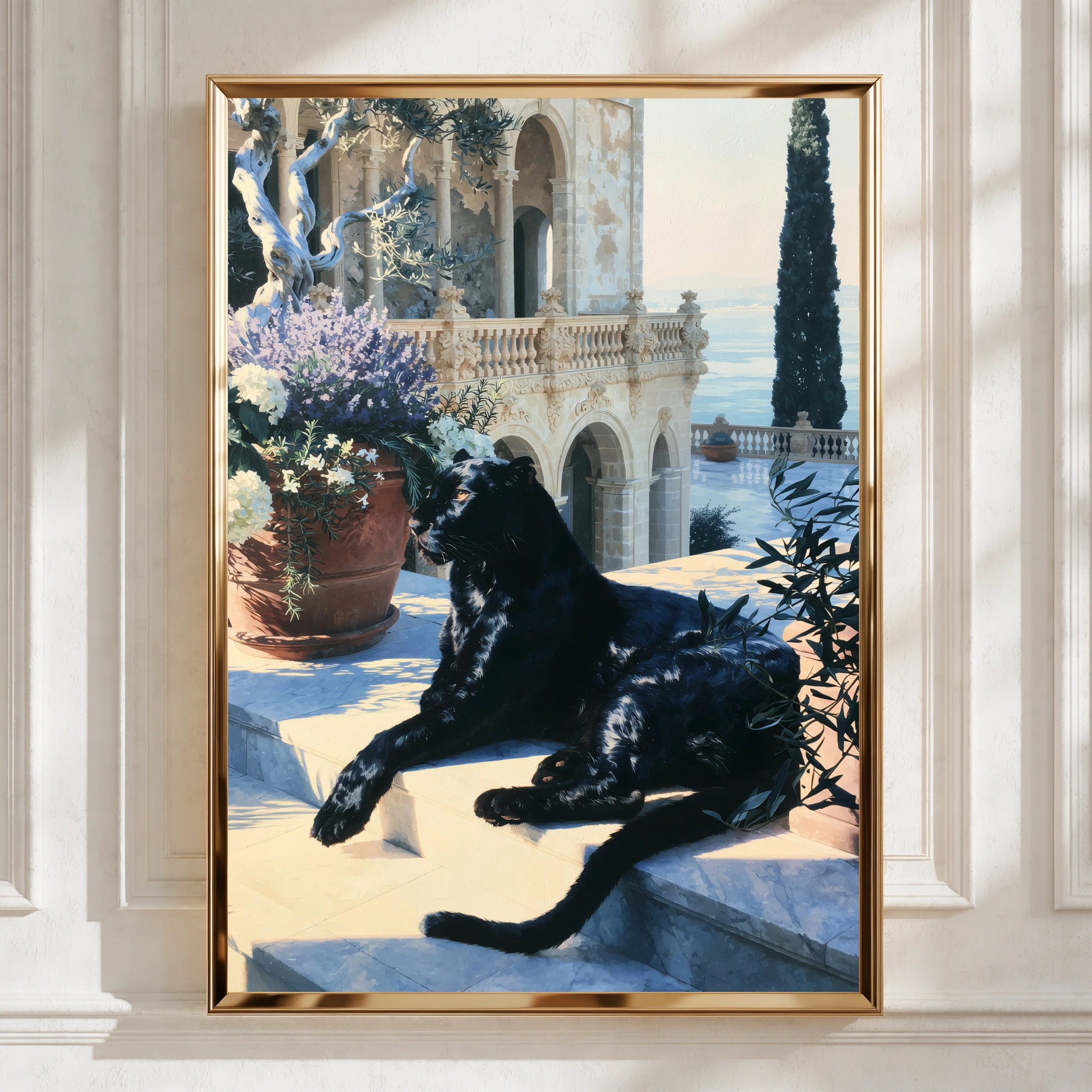 Black Panther Villa Stairs Poster, Mediterranean Architecture Art Print