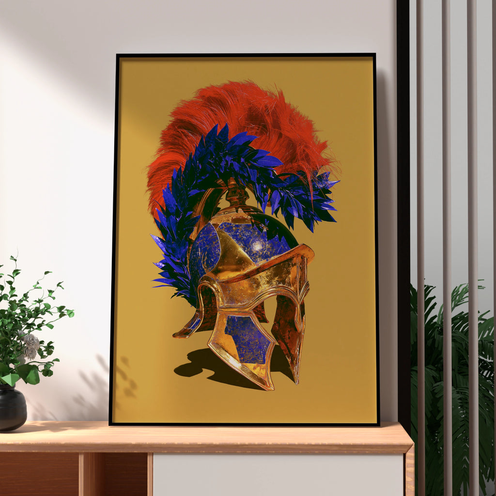 Greek Helmet Poster, Ancient Spartan Warrior Art, Bold Gold Blue Red Print