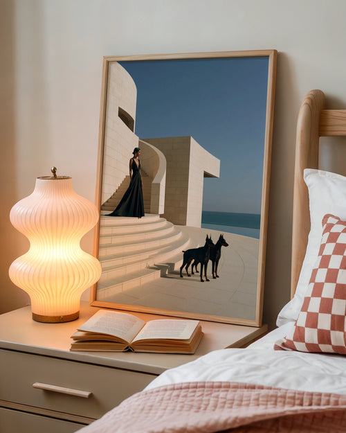Woman with Dobermanns on Travertine Stairs, Wall Art Poster, Luxury Minimalist