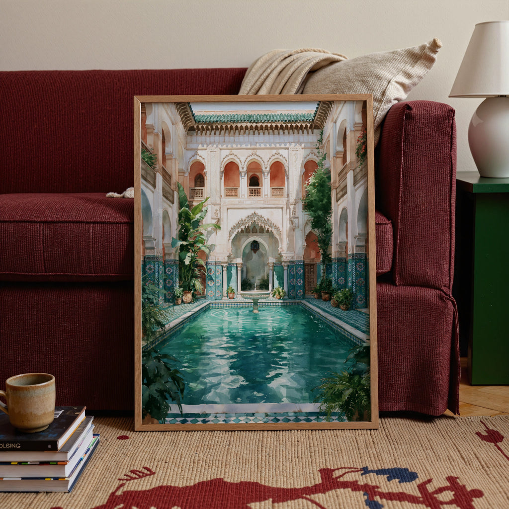 Moroccan Riad Courtyard Poster, Turquoise Pool Fountain, Ethnic Architecture Print