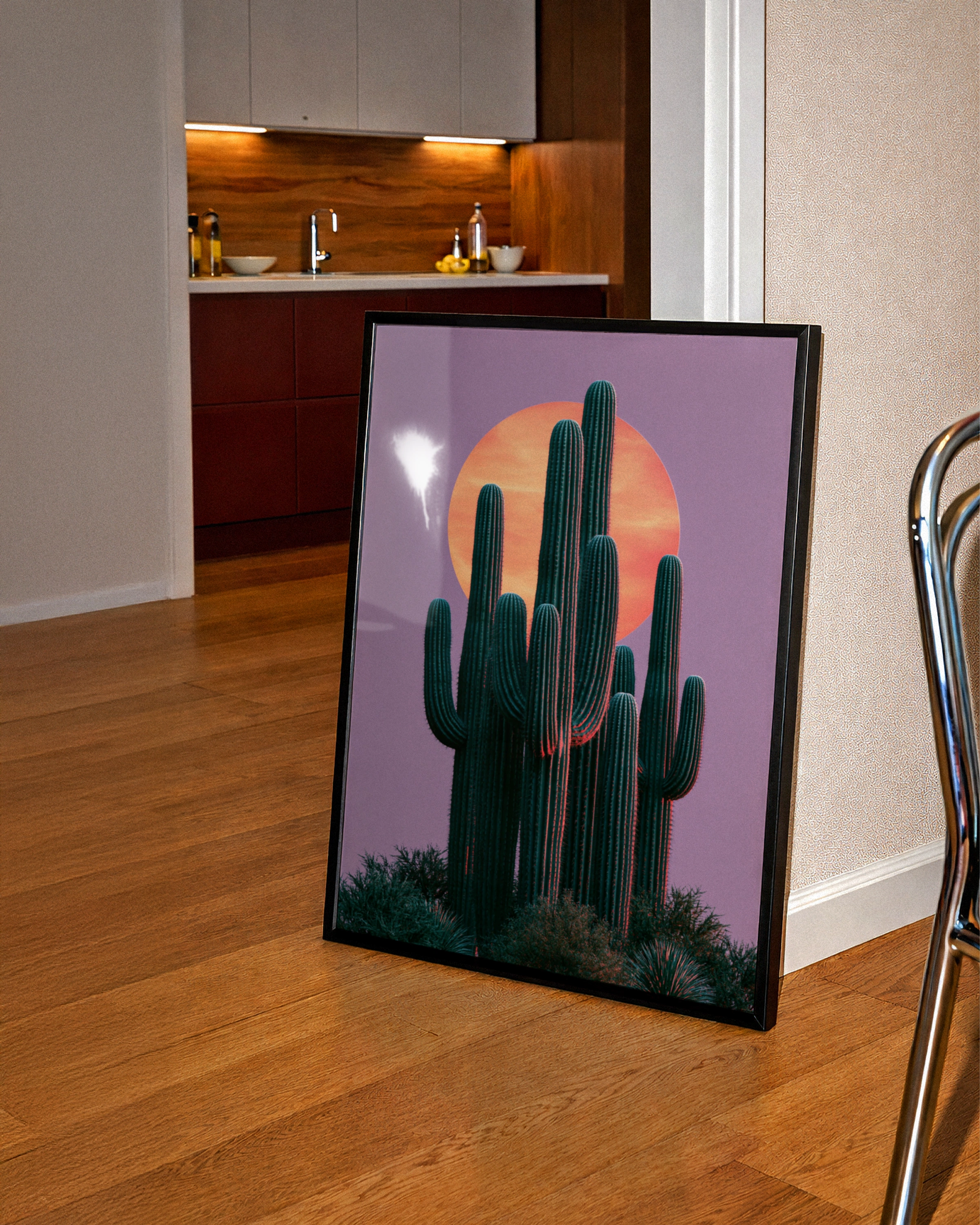 Cactus Moon Pink Sky Wall Art Poster, Desert Saguaro Print, Botanical