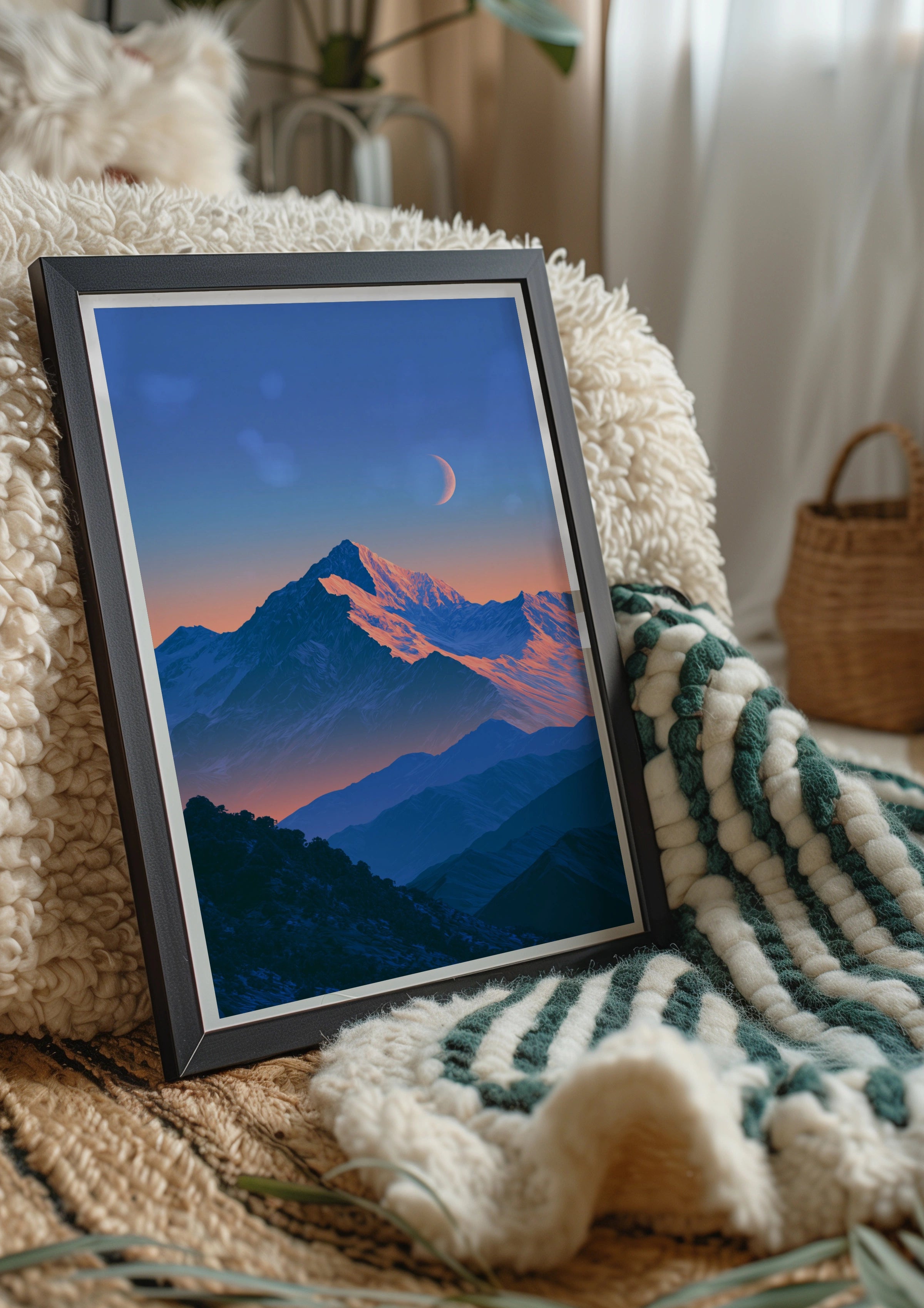 Mountain Moon Blue Poster, Snowy Peak Crescent Moon, Twilight Wall Art Print
