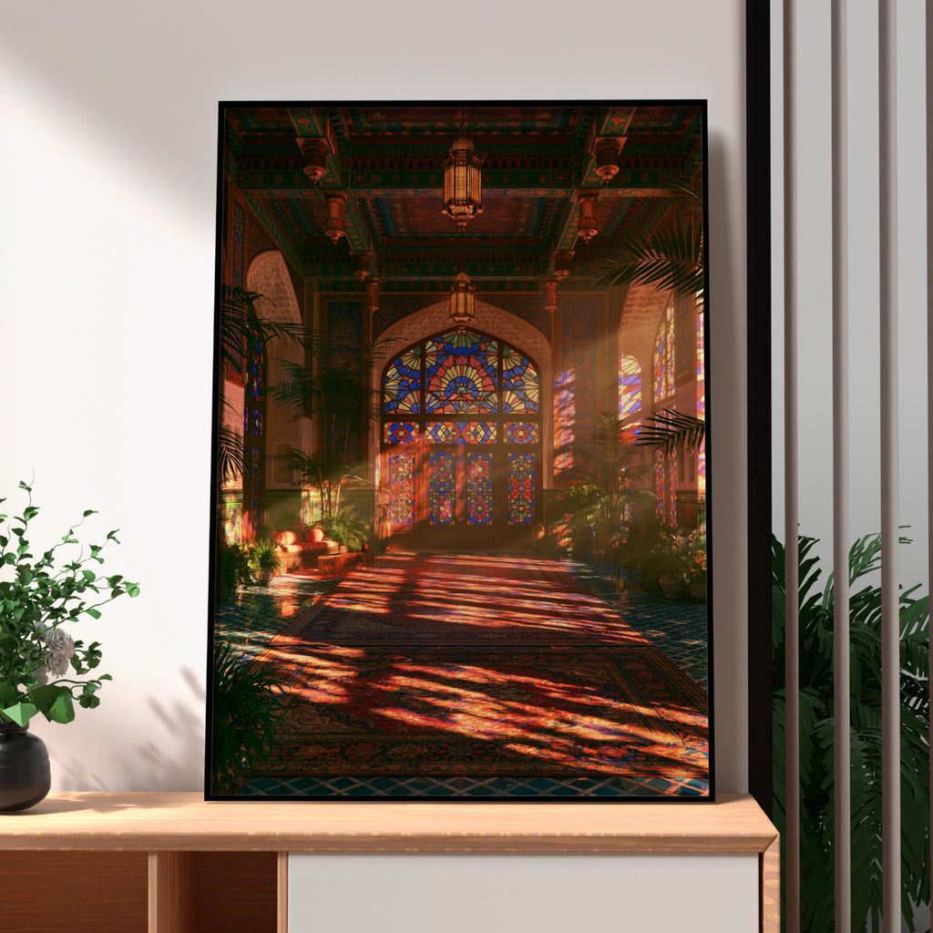 Stained Glass Hall Sunset Poster, Moorish Interior Art Print, Warm Golden Light