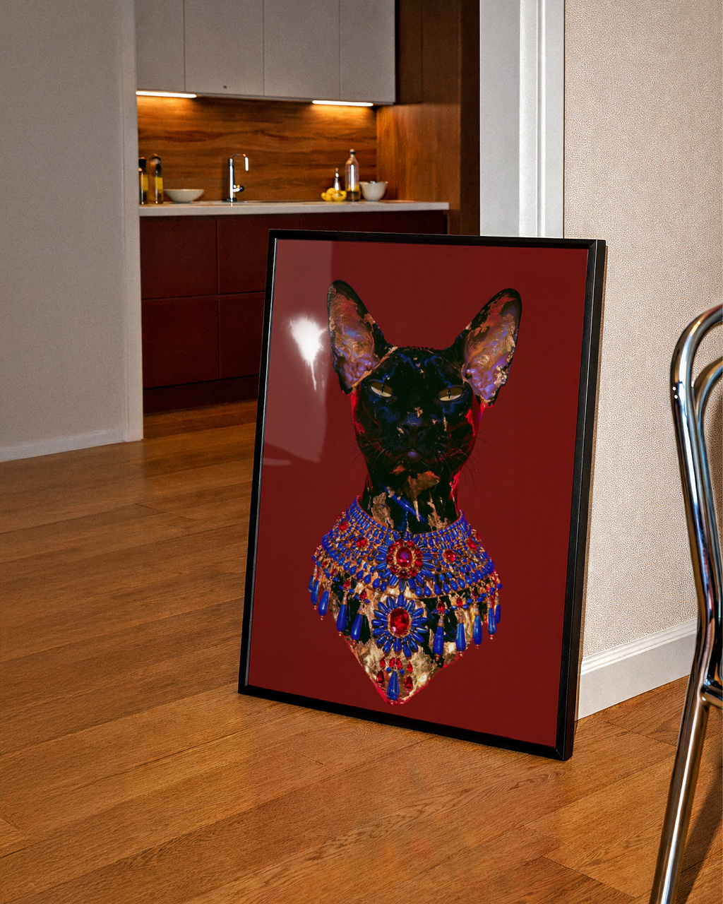 Bastet Egyptian Cat Goddess Poster, Dark Jewelled Art Print, Maximalist Wall Art