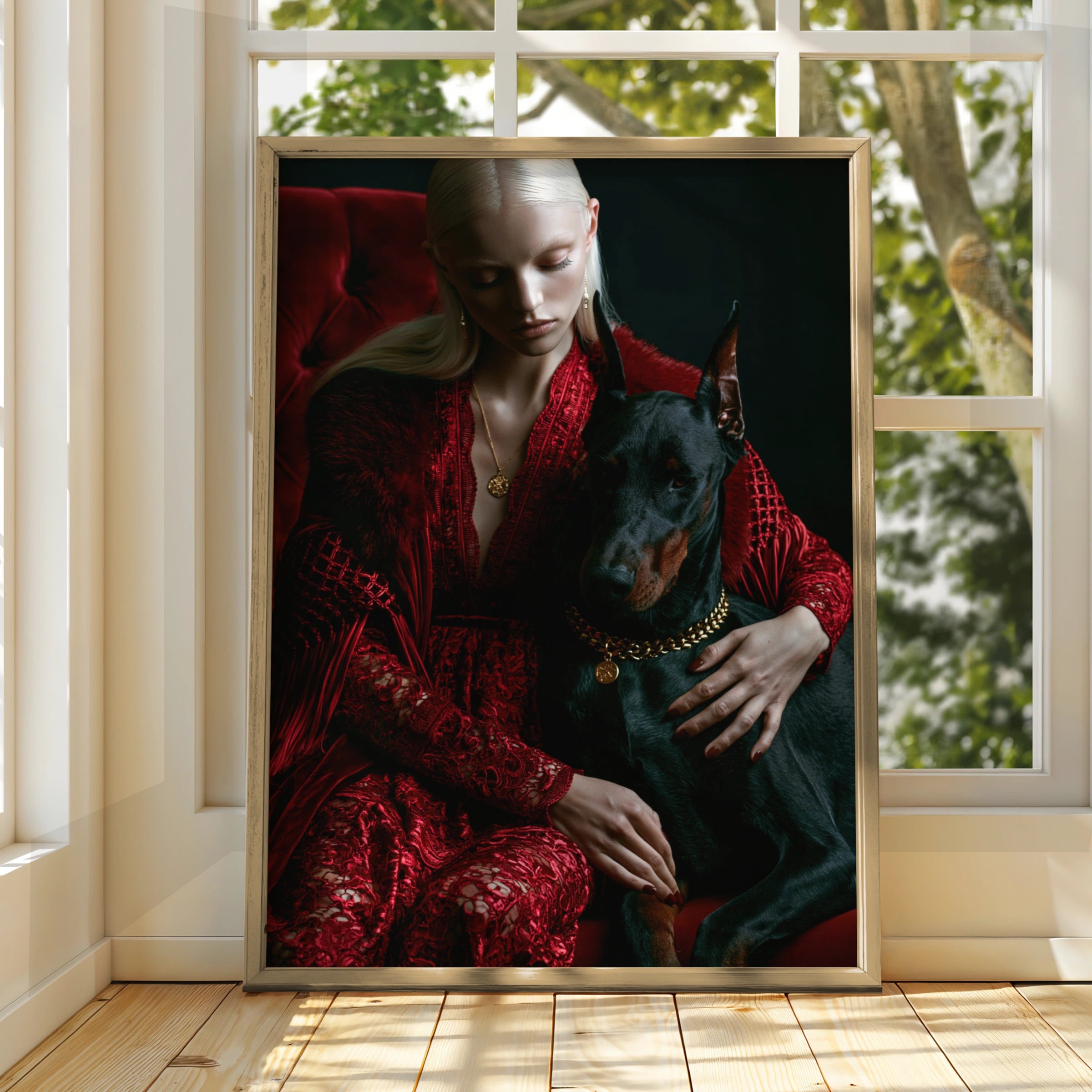 Woman with Dobermann Poster, Red Luxury Fashion Portrait, Dark Dramatic Wall Art