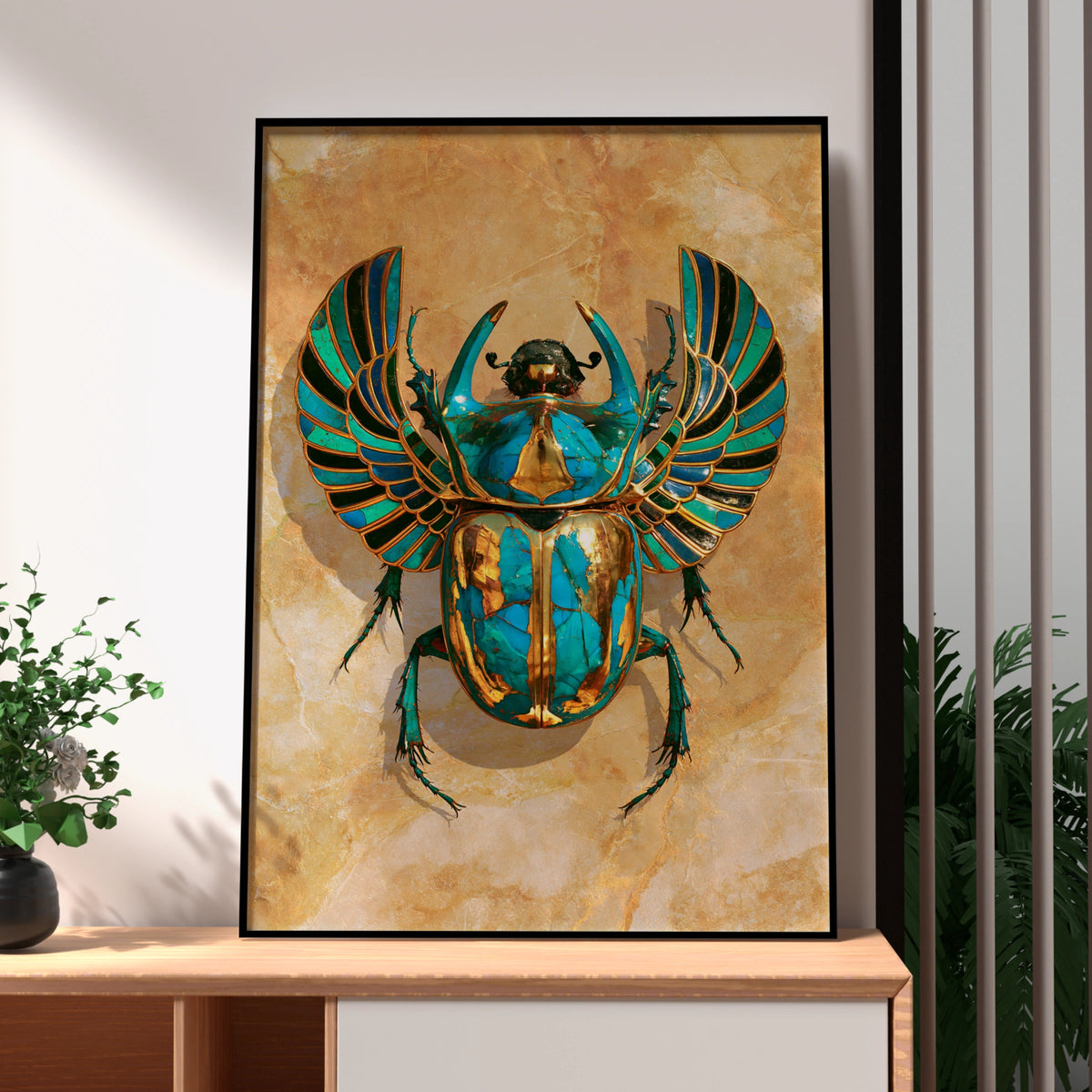 Egyptian Scarab Beetle Poster, Turquoise Gold Art Print, Ancient Egypt Wall Art