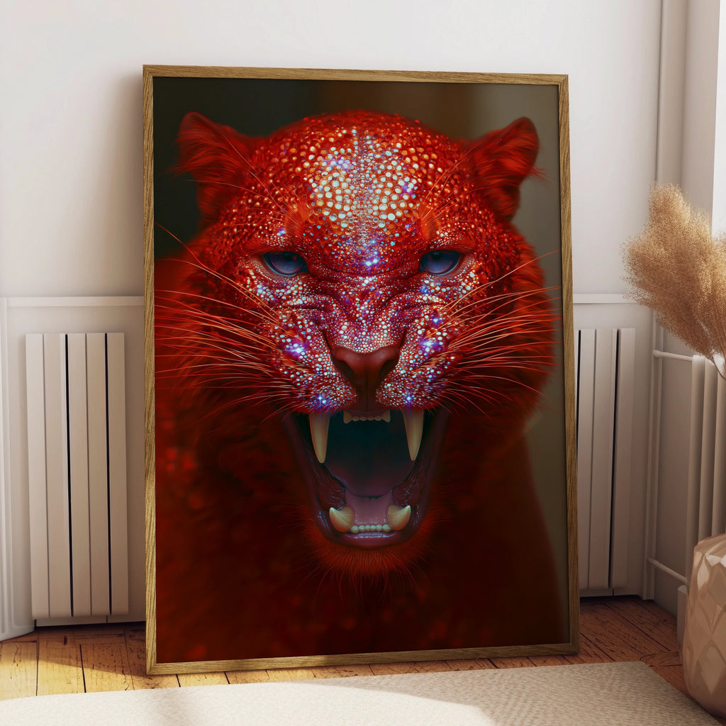 Red Glitter Tiger Roaring Poster, Crystal Big Cat Wall Art, Bold Modern Print