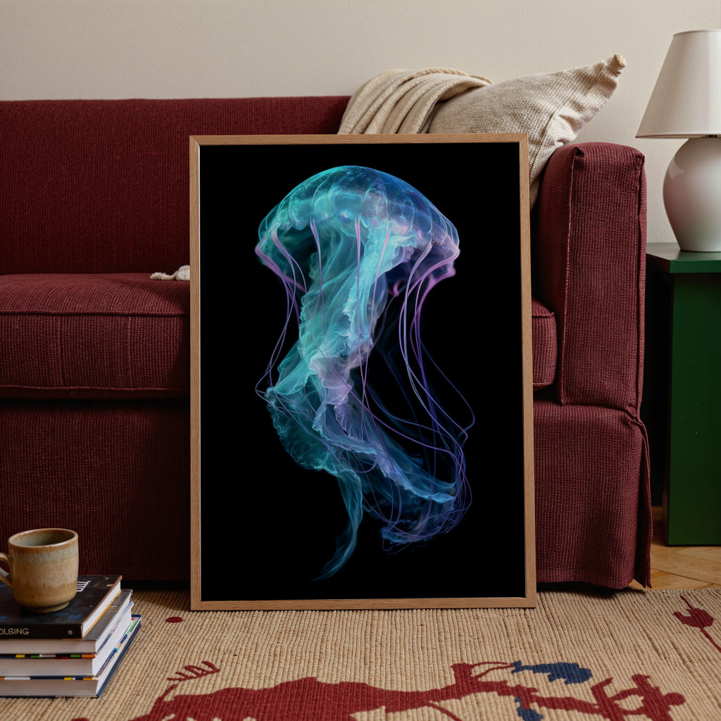 Jellyfish Wall Art Poster, Teal Purple Neon Ocean Print, Dark Minimalist Style