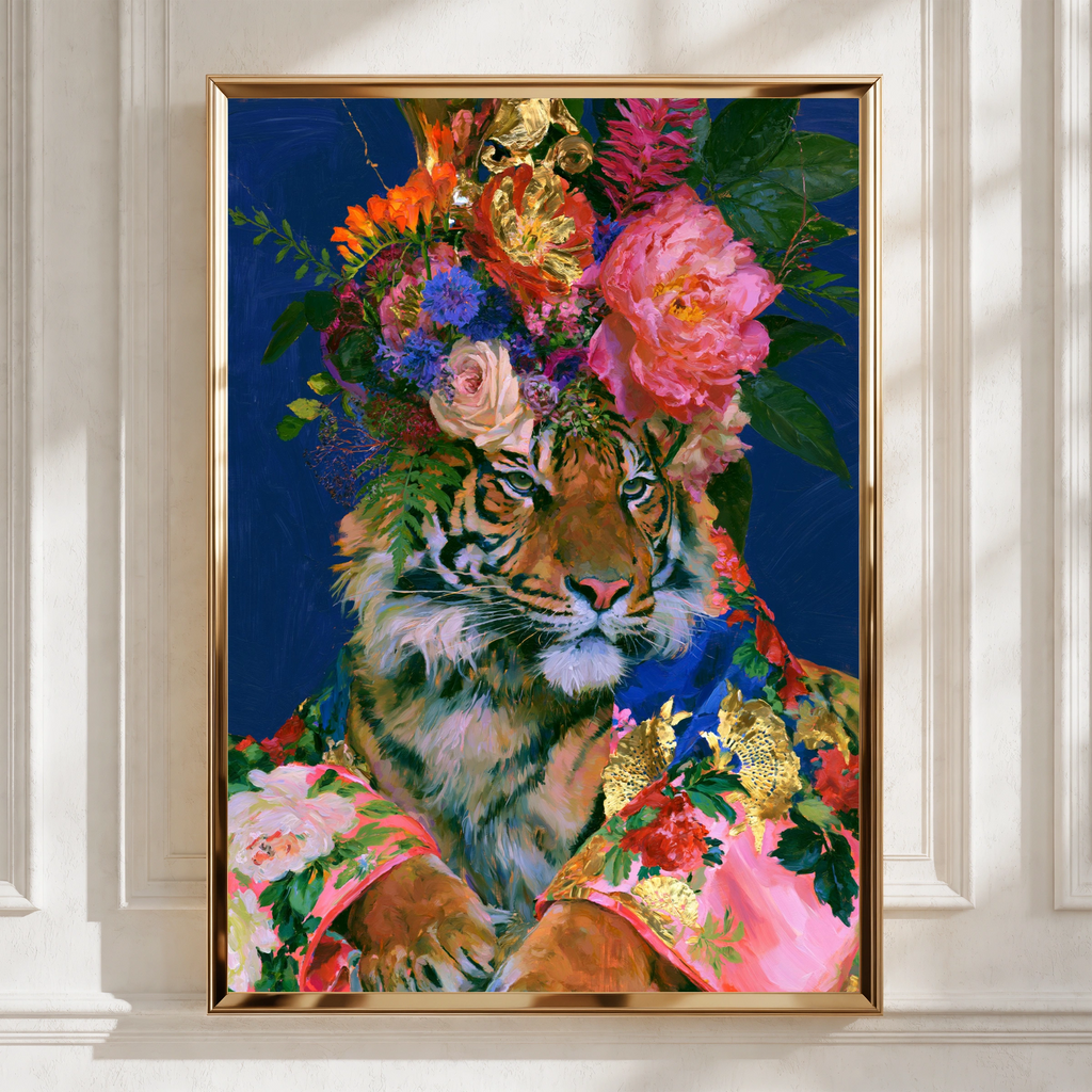 Tiger Floral Crown Poster, Bold Botanical Animal Art Print, Maximalist Wall Art