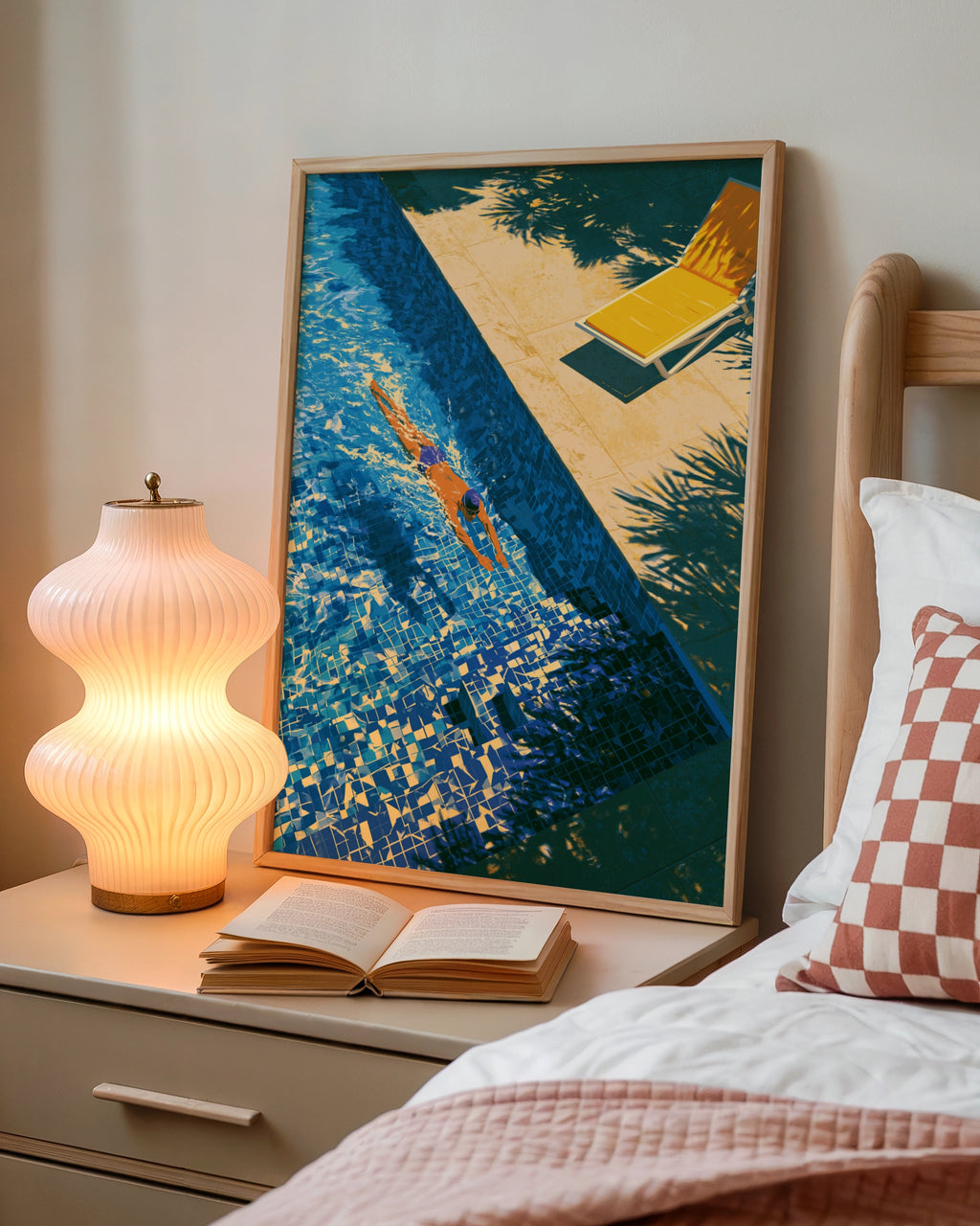 Swimming Pool Poster, Yellow Sun Lounger, Summer Art Print, Aerial View