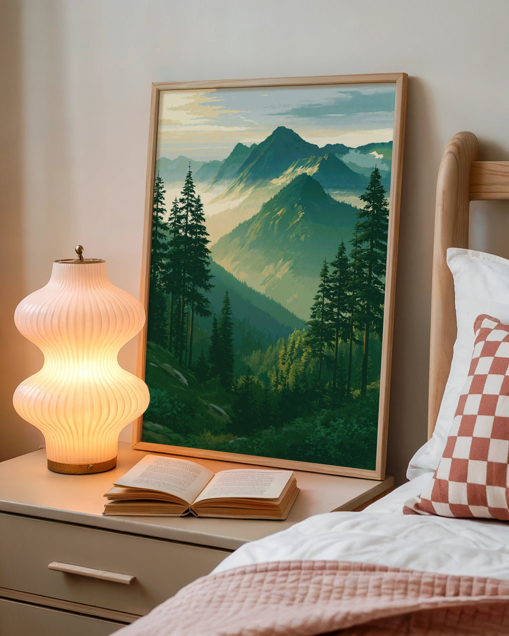 Forest Mountain Landscape Poster, Pine Trees Nature Print, Vintage Style Wall Art