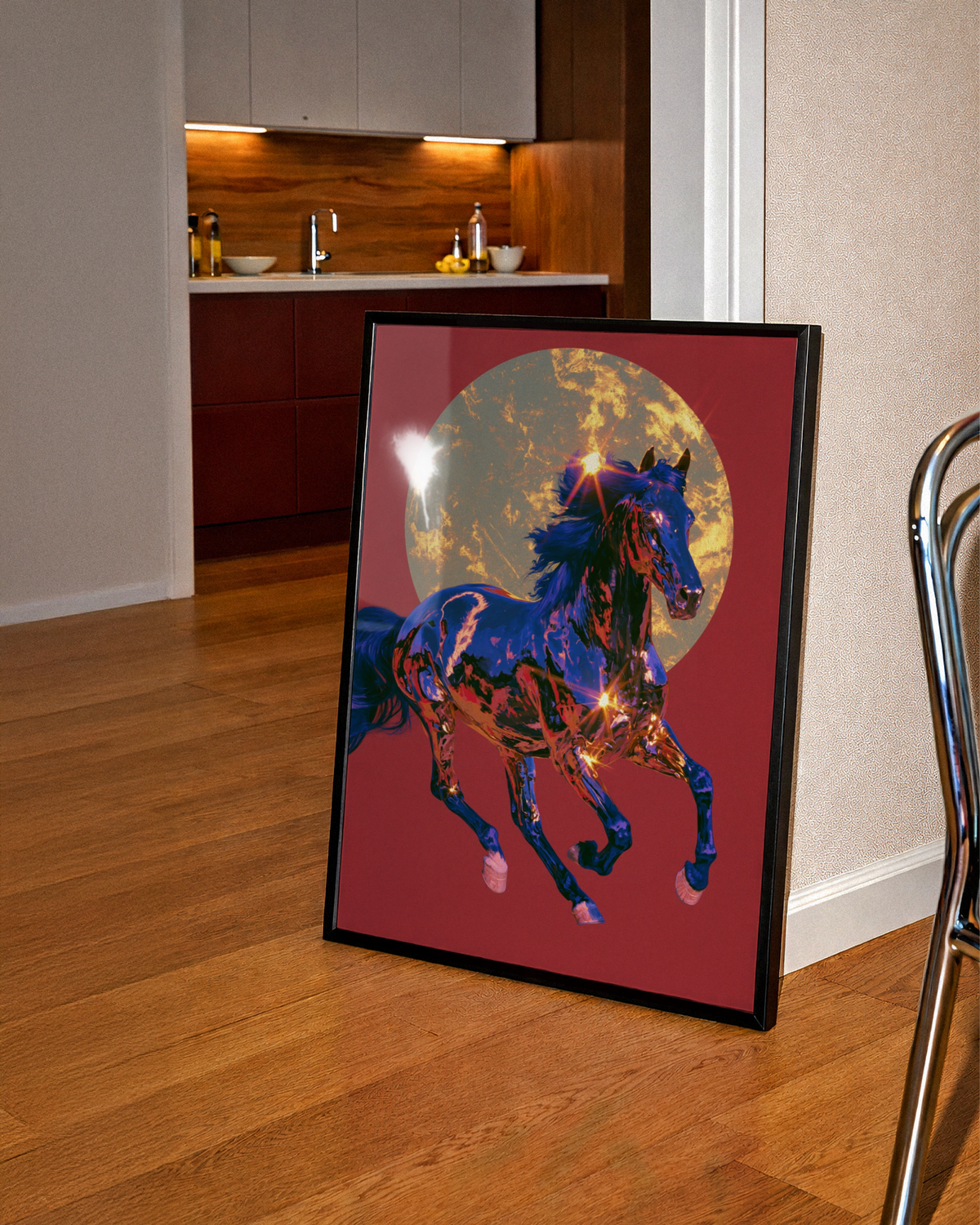 Chrome Horse Golden Sun Wall Art Poster, Red Bold Equestrian Print