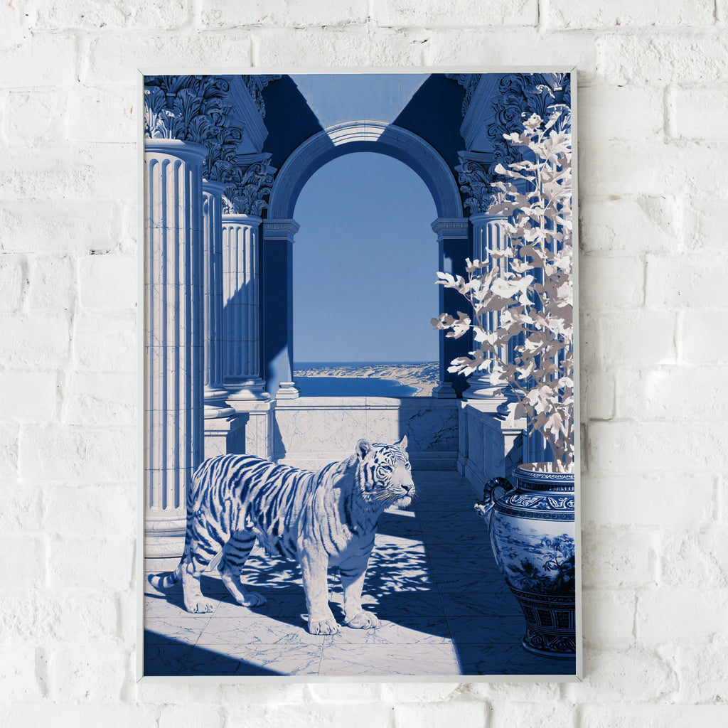 Tiger Classical Hall Poster, Porcelain Blue Architecture Wall Art Print