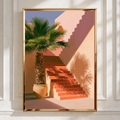 Palm Tree Staircase Poster, Mediterranean Architecture Print, Terracotta Sun Shadow Art