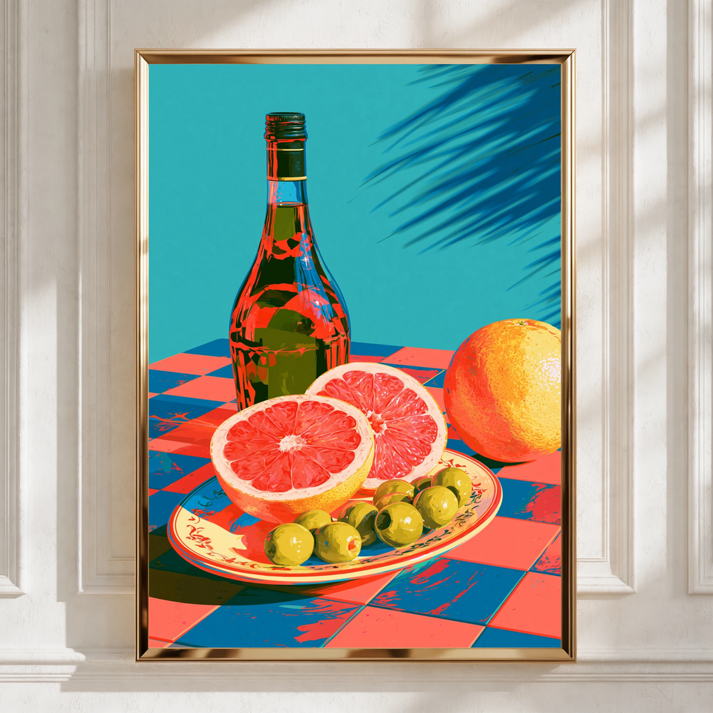 Orange Olive Oil Lemon Still Life Poster, Bold Retro Kitchen Wall Art Print