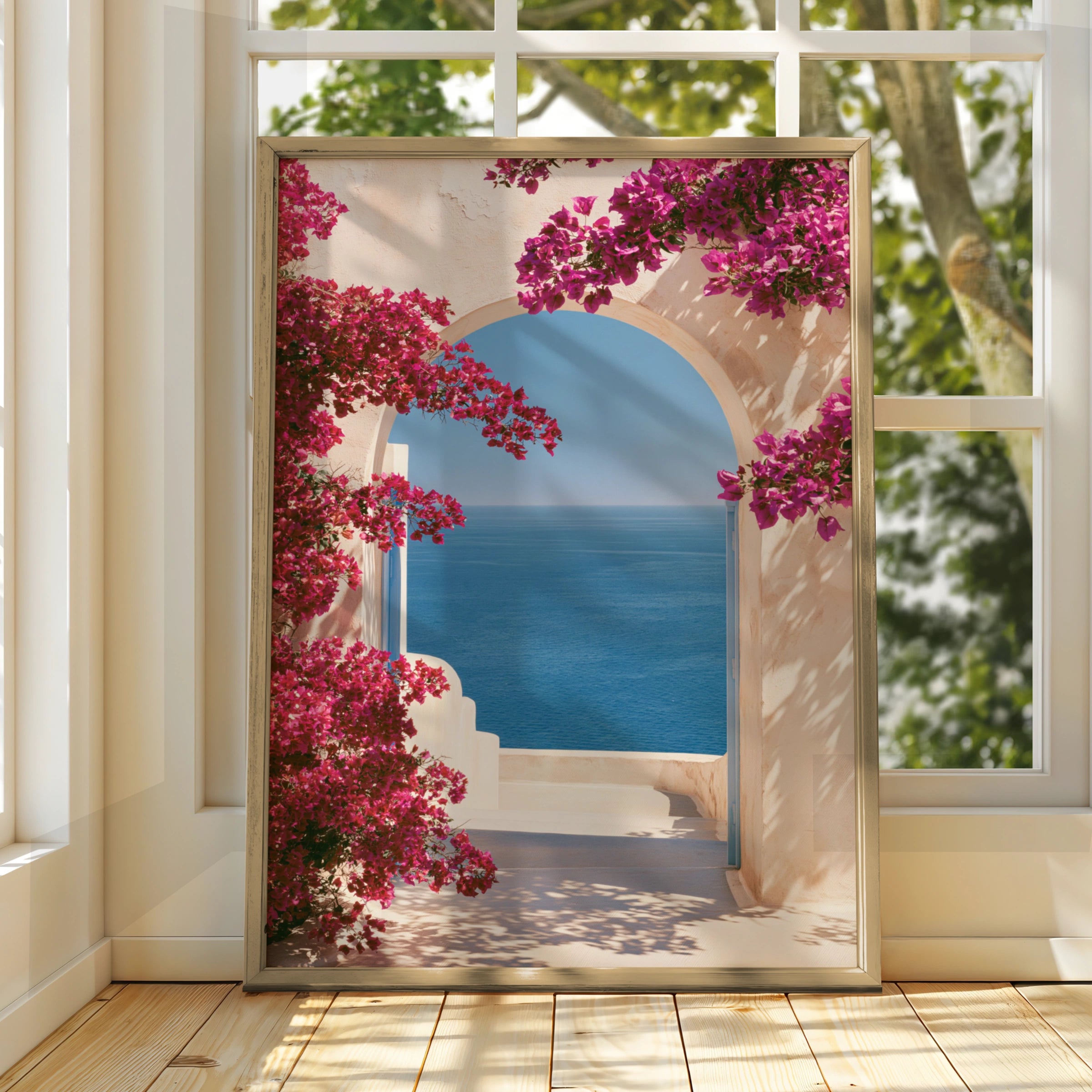 Mediterranean Arch Bougainvillea Sea View Poster, Greek Island Wall Art