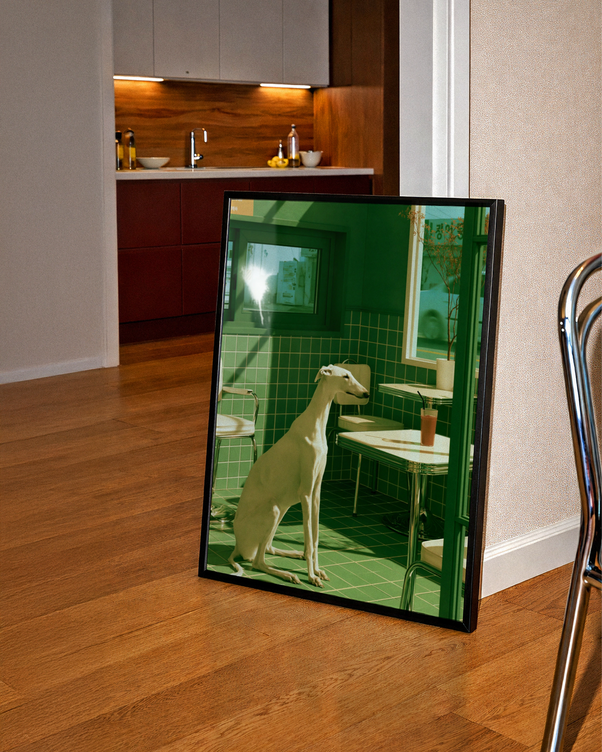 White Greyhound in Green Diner Poster, Surreal Dog Art Print
