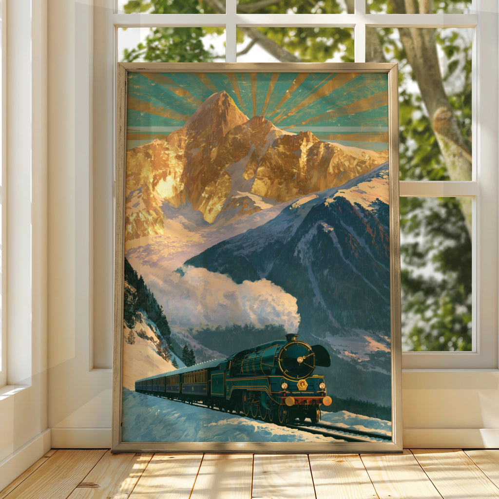 Steam Train Mountain Poster, Vintage Locomotive Art, Alpine Railway Print