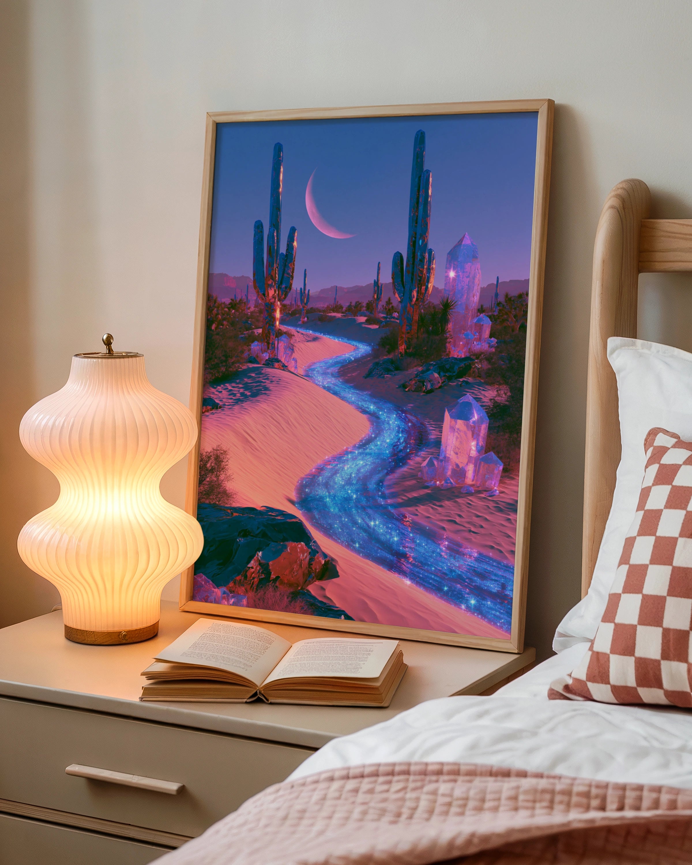 Crystal Desert Cactus Wall Art Poster, Surreal Moonlit Fantasy Print