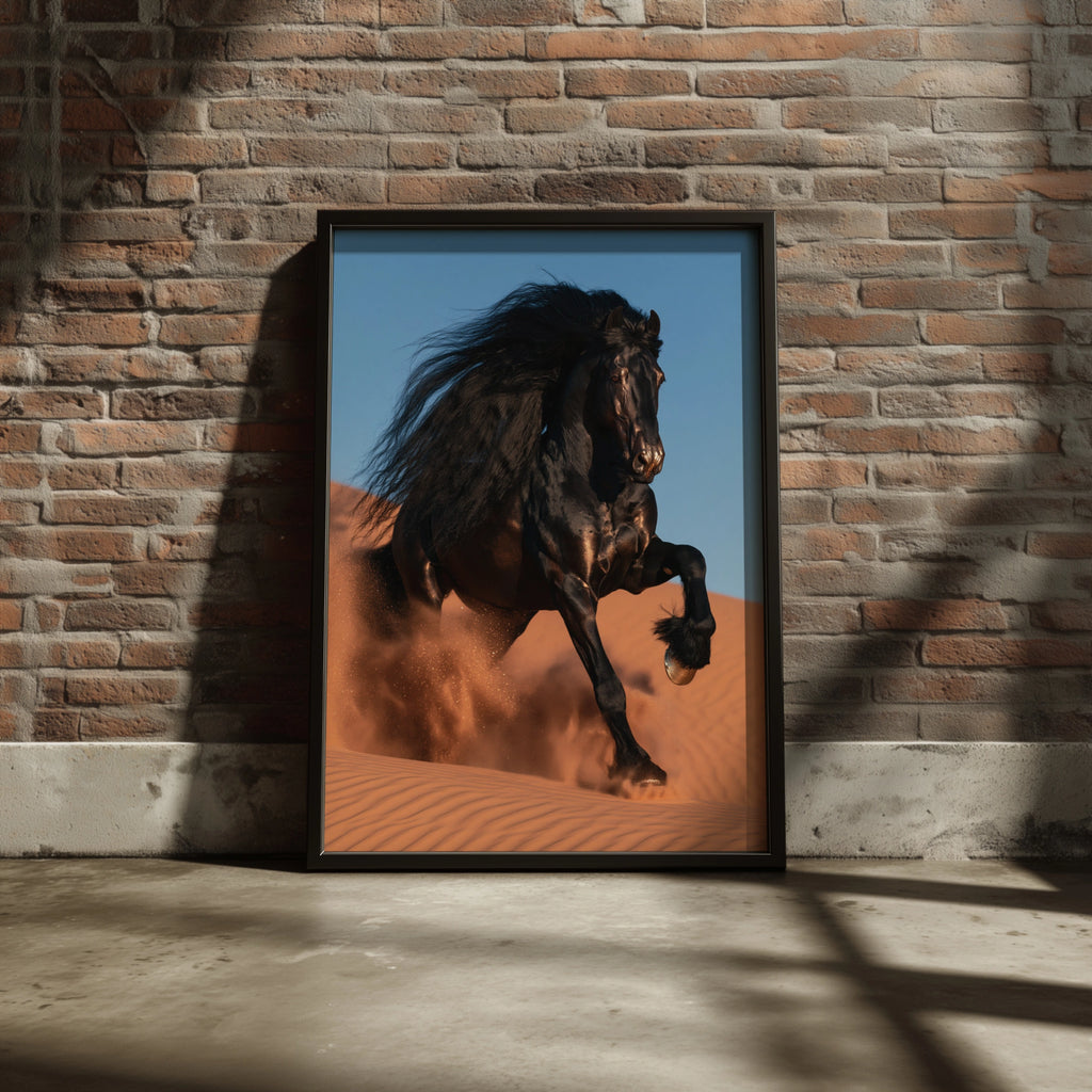 Black Friesian Horse Desert Sand Dunes Poster, Dramatic Equine Wall Art