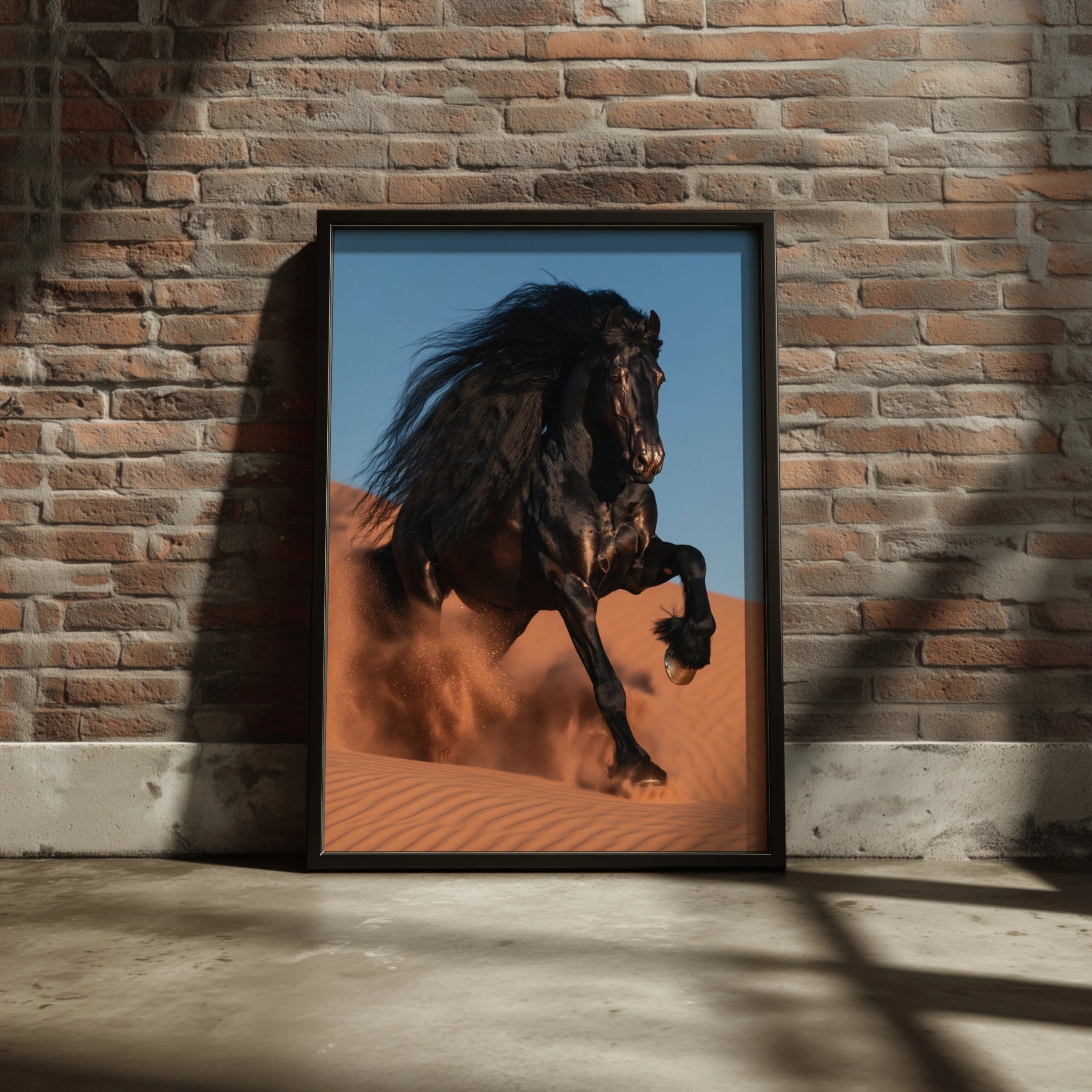 Black Friesian Horse Desert Sand Dunes Poster, Dramatic Equine Wall Art