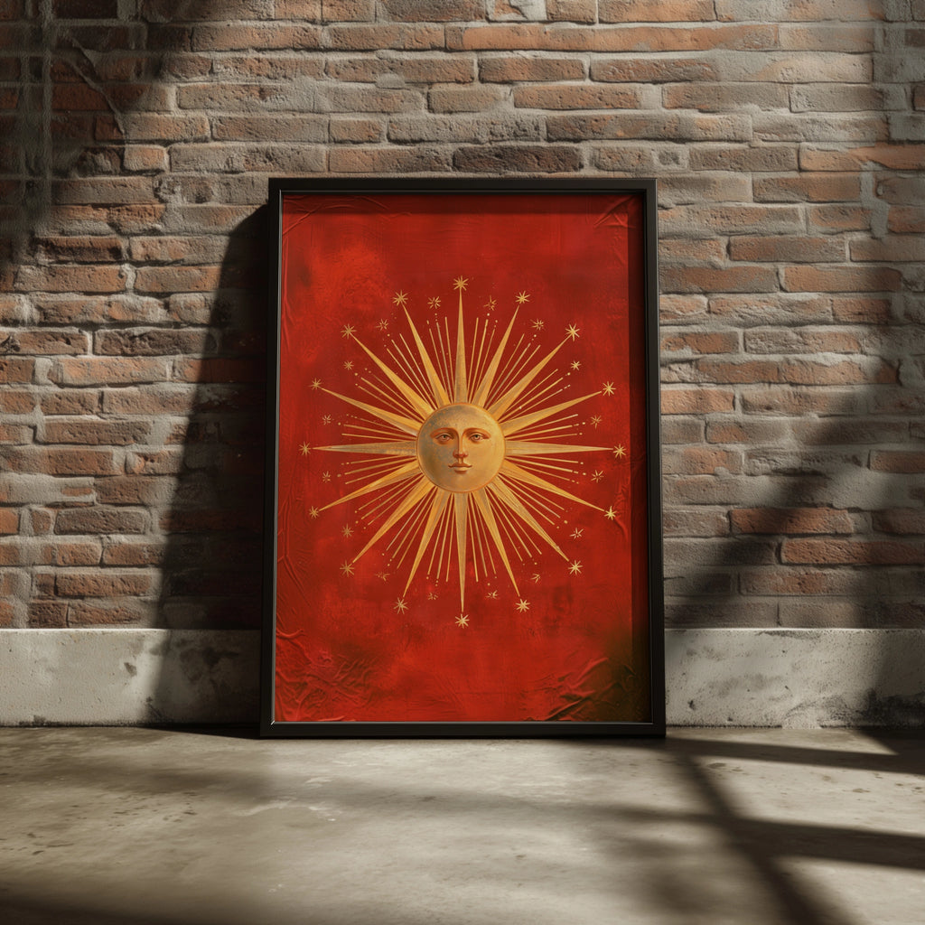 Vintage Tarot Sun Face Poster, Gold Celestial Wall Art, Red Occult Print