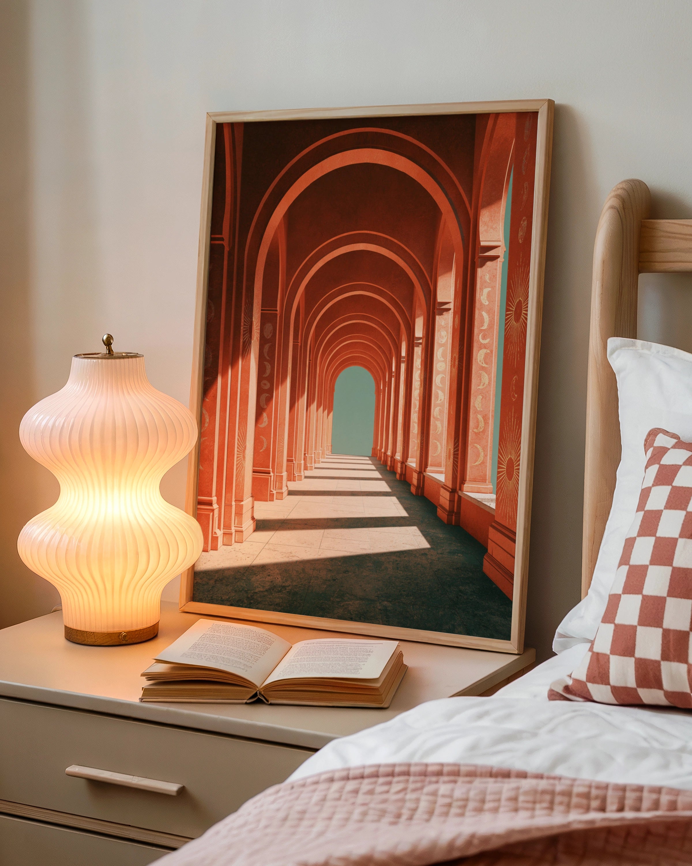 Orange Arch Corridor Poster, Moon Phase Celestial Colonnade, Surreal Architecture Print