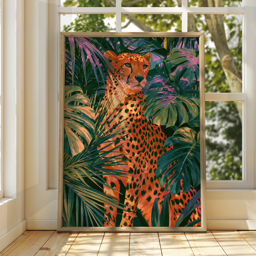 Cheetah Tropical Jungle Poster, Palm Monstera Leaves, Bold Colourful Wall Art