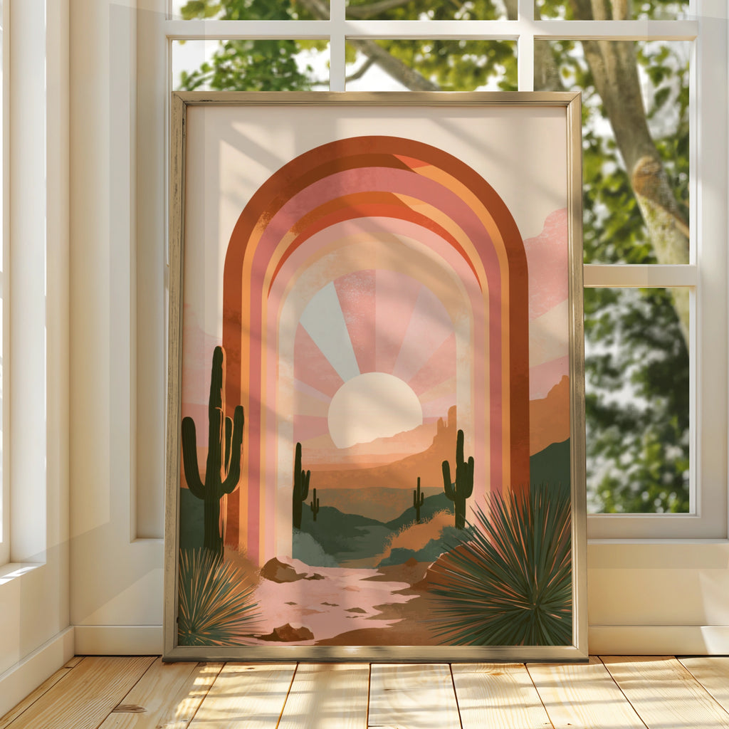 Desert Cactus Arch Sunset Poster, Surreal Boho Southwest Wall Art Print