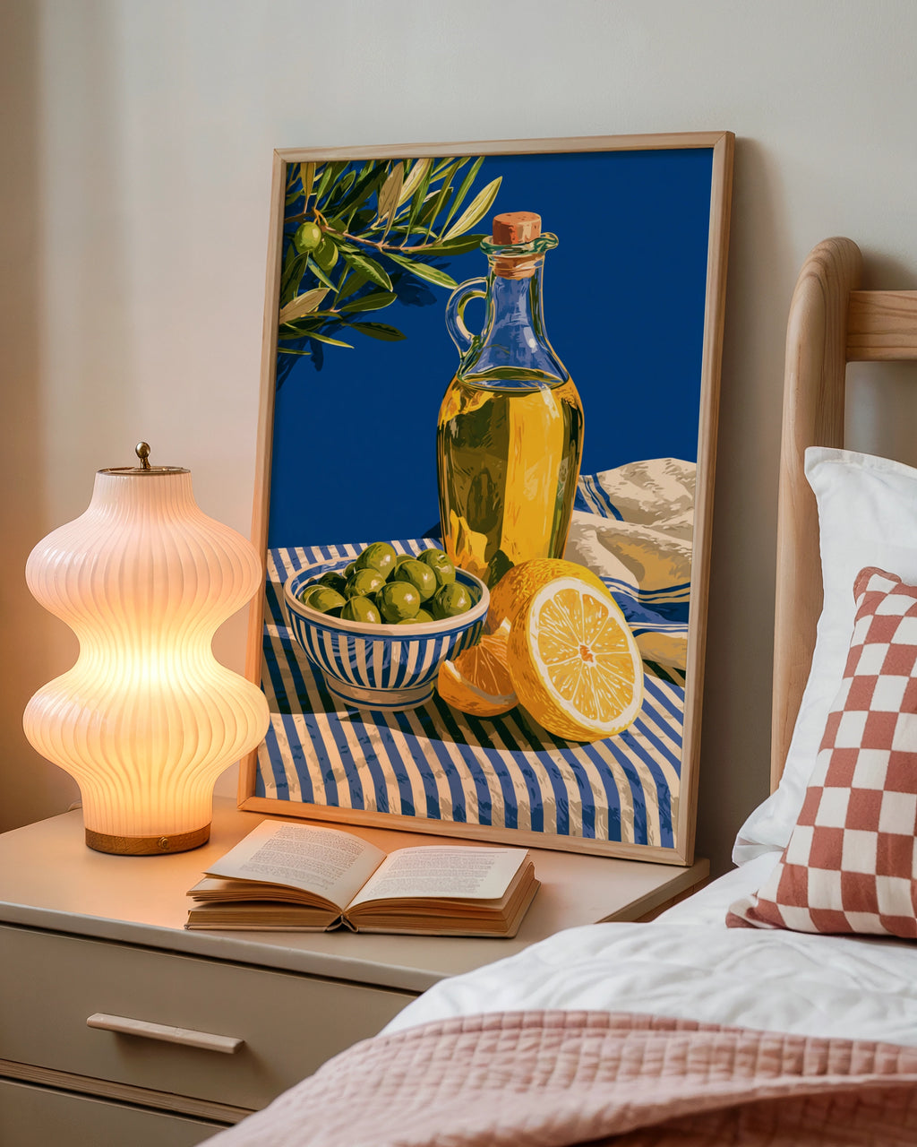 Olive Oil Lemon Still Life Poster, Mediterranean Kitchen Wall Art, Blue