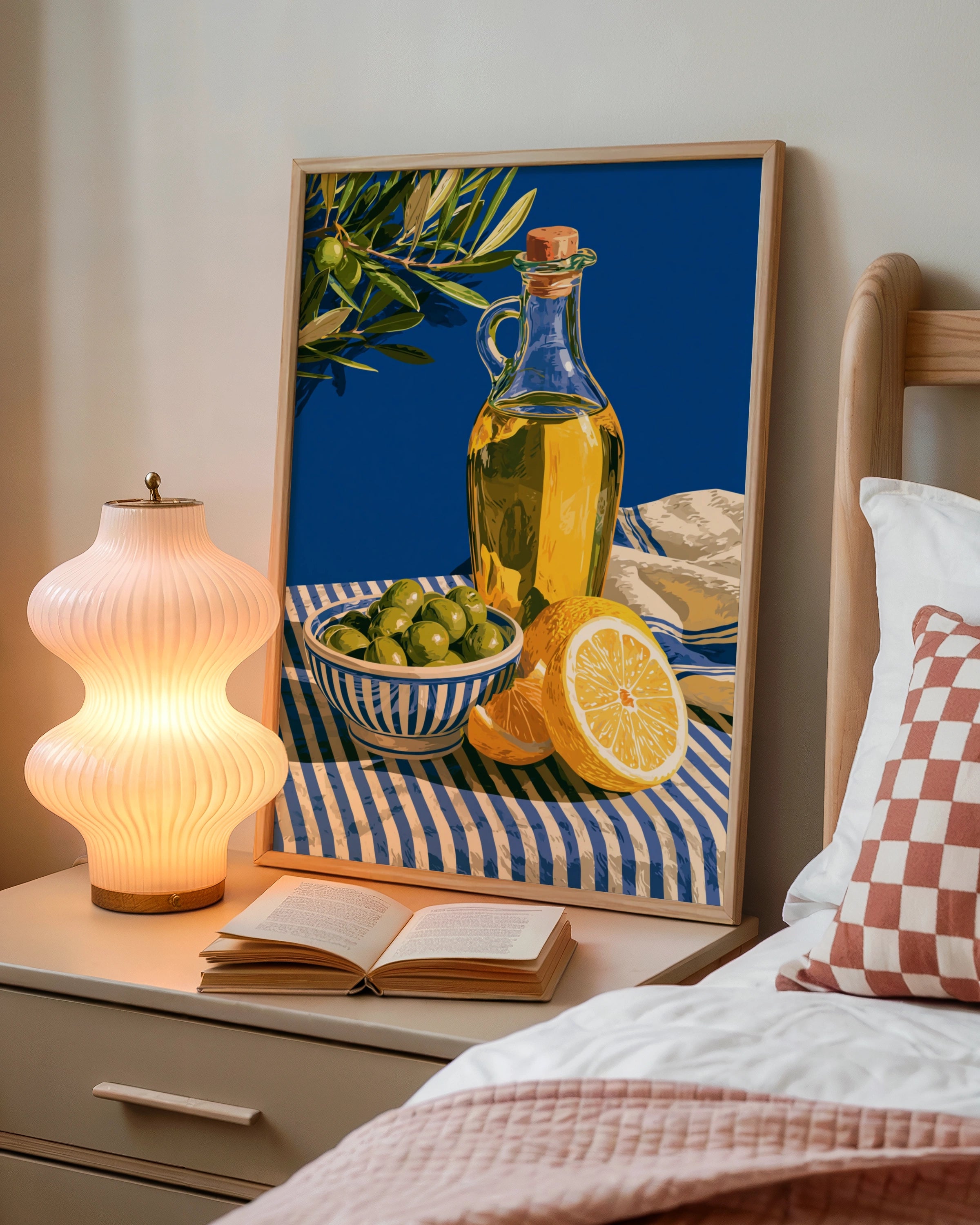 Olive Oil Lemon Still Life Poster, Mediterranean Kitchen Wall Art, Blue