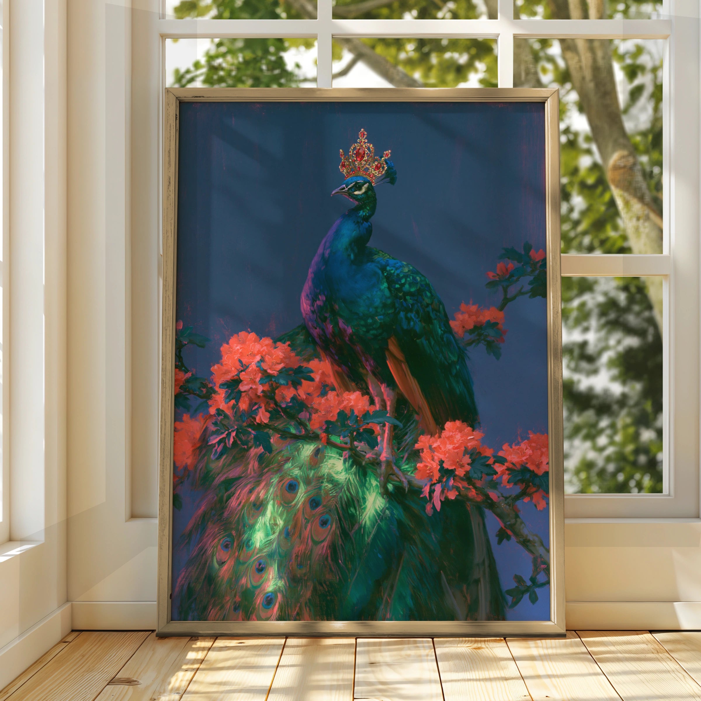 Crowned Peacock Wall Art Poster, Royal Bird Print, Dark Floral Botanical